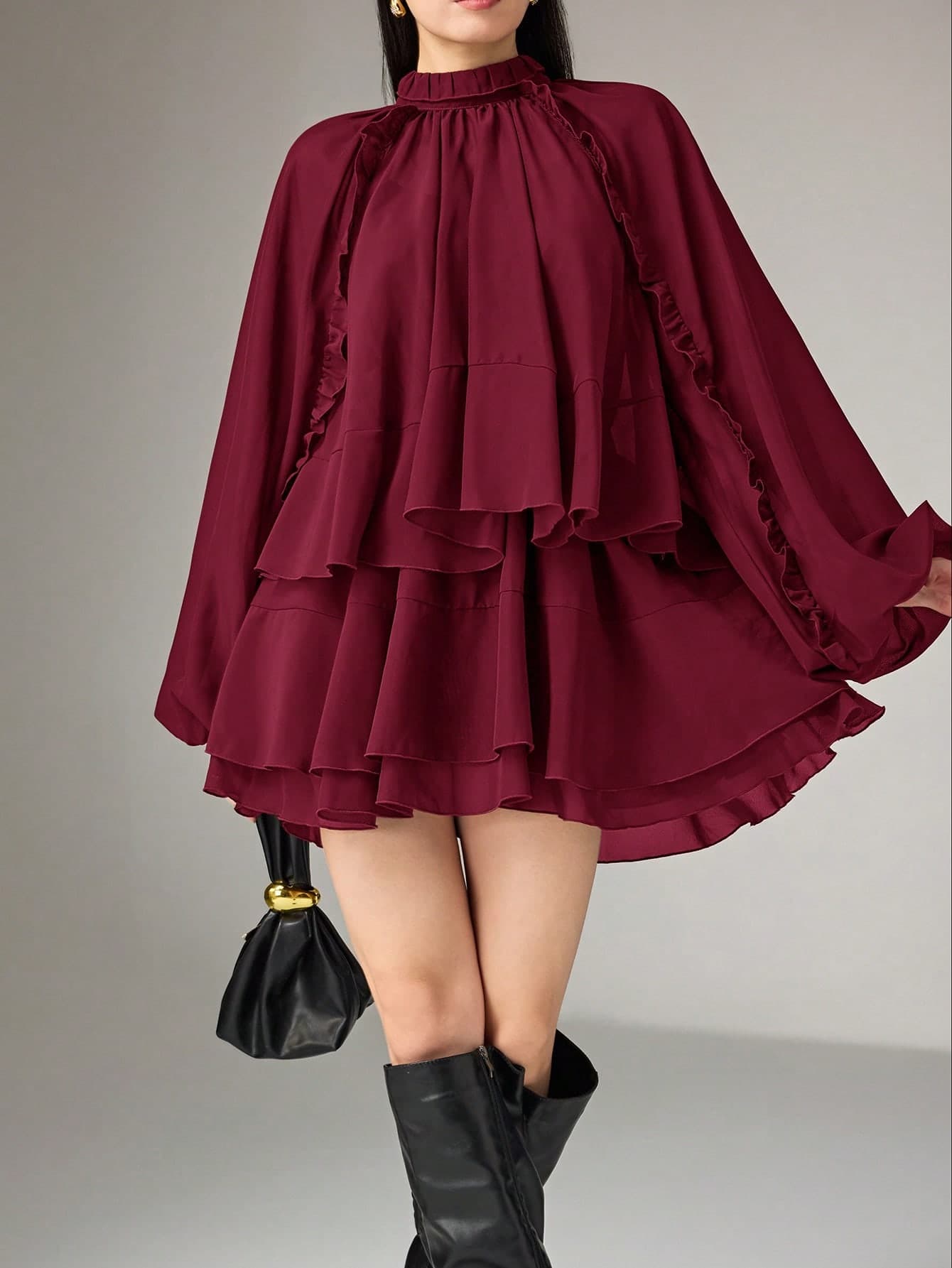 Heiryn Women's Burgundy Elegant Autumn Short Dress,Dining Office Wear,Ruffled Trim Multi-Layer Cake Skirt,Small Stand-Up Collar,Bubble Long Sleeve,A-Line