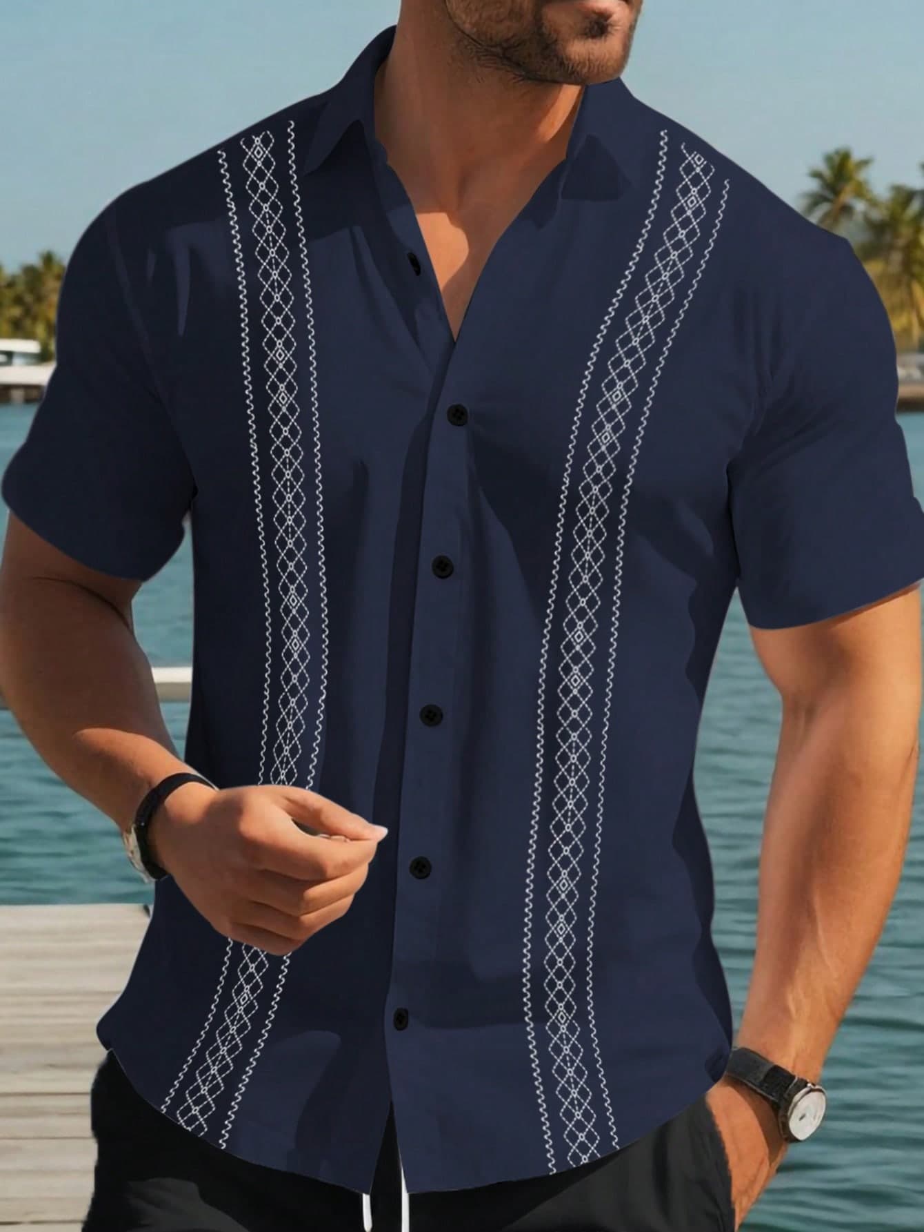 Manfinity RSRT Men's Summer Front Button Casual Retro Versatile Short Sleeve Shirt, Holiday