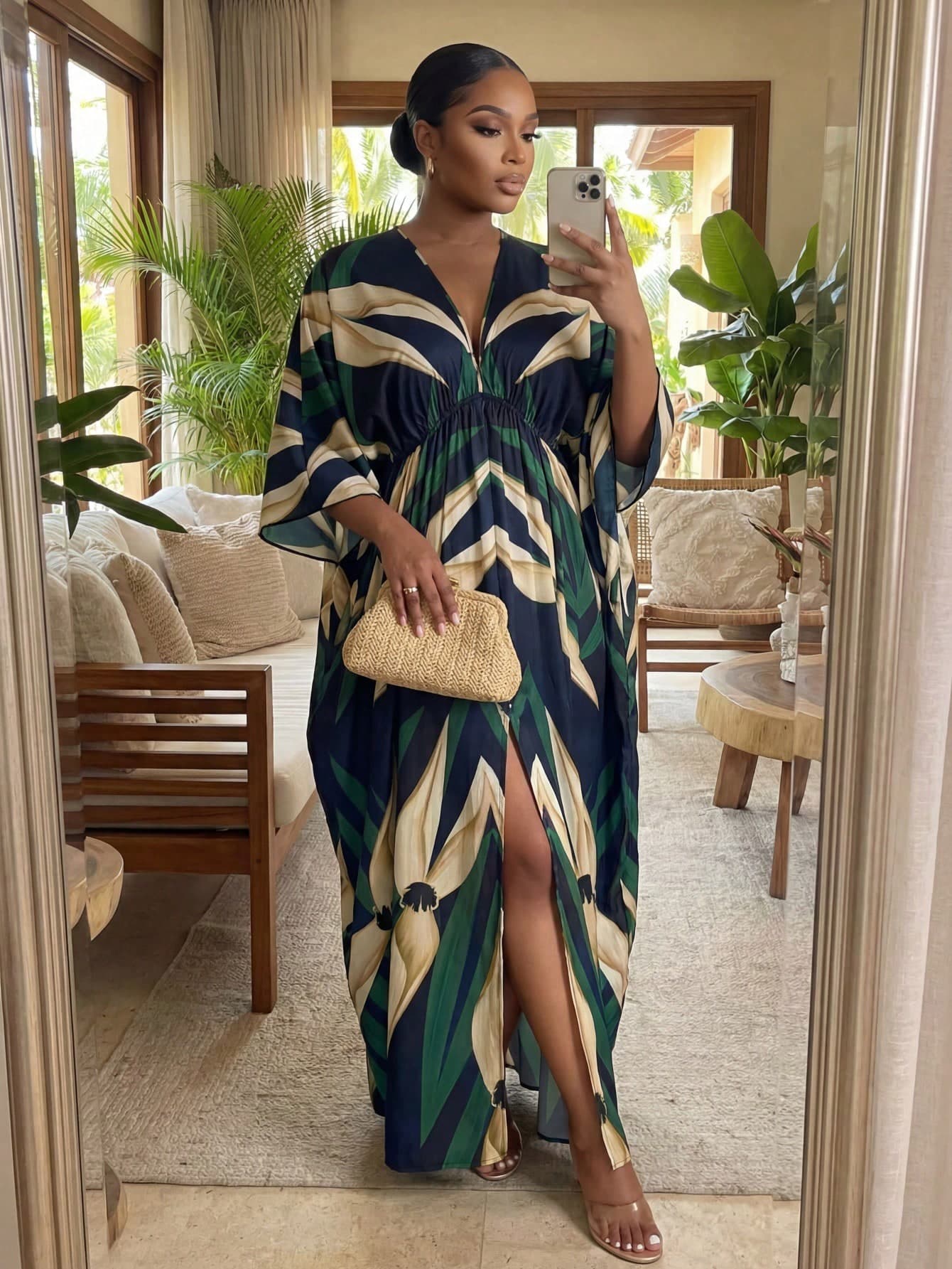 SHEIN Lady CURVE Plus Size Elegant Navy Blue Caftan Dress For Women,Summer Full Print Deep V-Neck Slit Thigh Vacation Dress,Tropical Hawaiian Al-Adha Outfits Fall