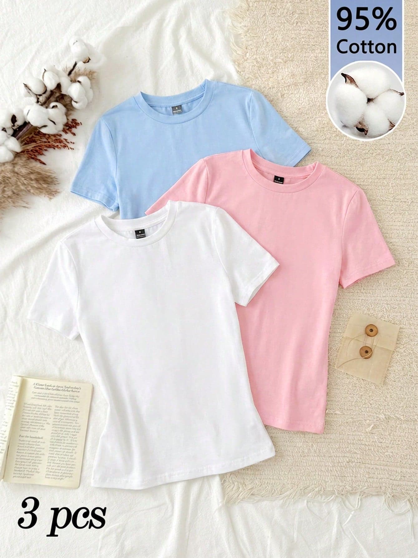Tseoso 3pcs Set Women Casual Minimalist 95% Cotton Round Neck Slim Fit Short Sleeve T-Shirt