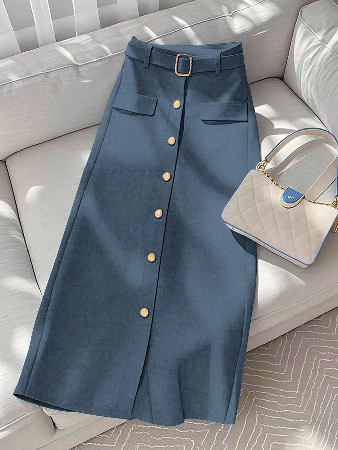 GlowEve Women's Casual Commuter Solid Color Front Button A-Line Skirt