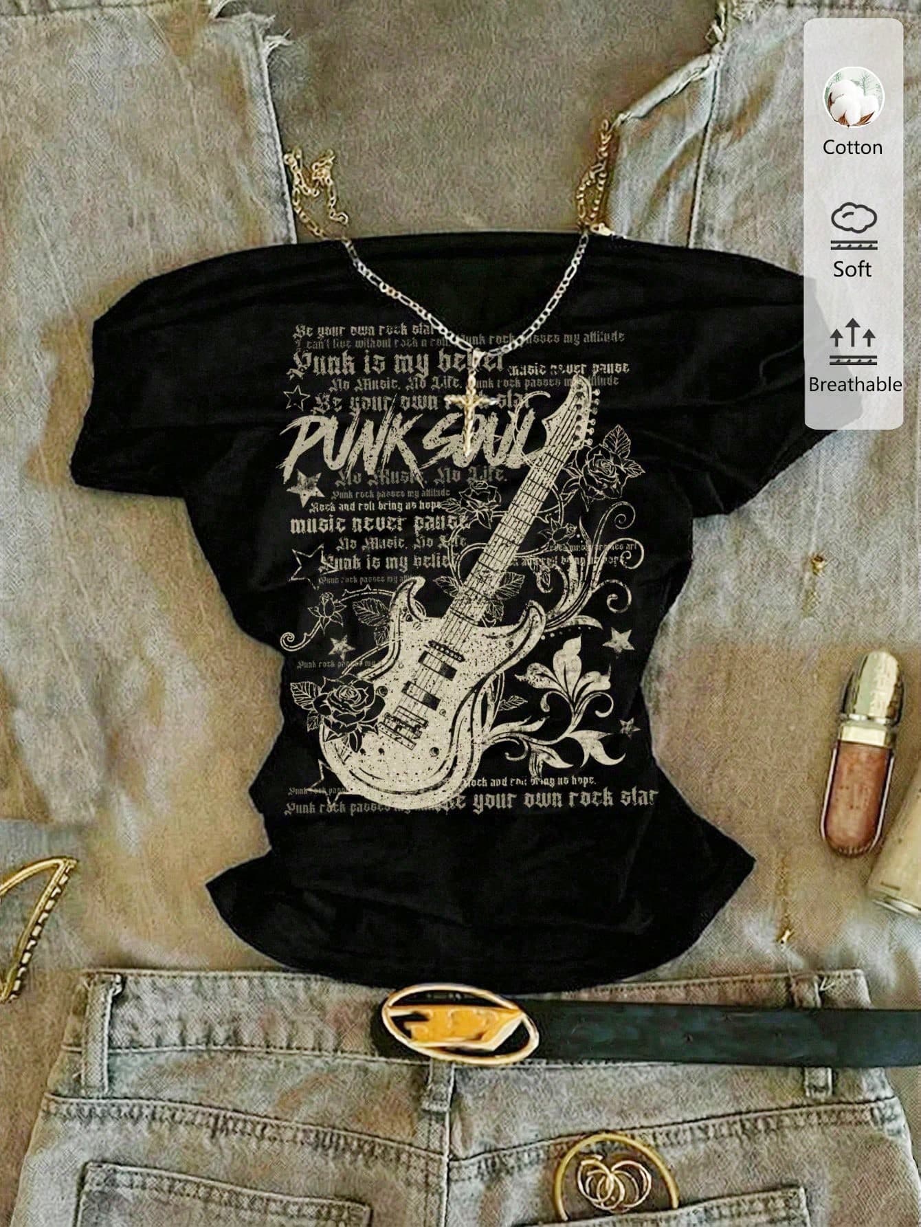 SHEIN Teen GirlOff Shoulder Guitar & Dark Pattern Print Tight Cropped T-Shirt, BM Style, Knit, Summer