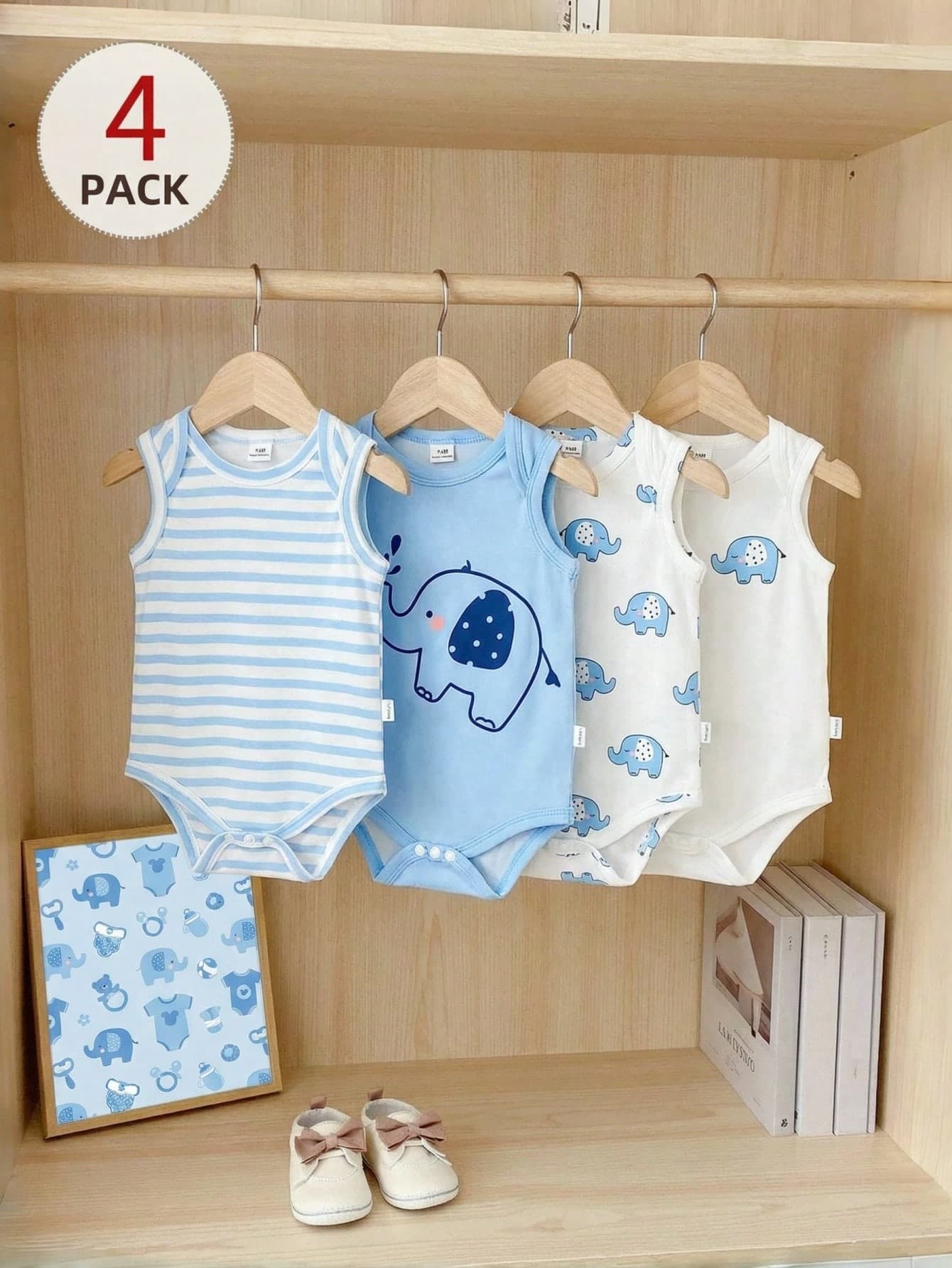 SHEIN 4pcs Newborn Baby Unisex Elephant Striped Print Cute Casual Soft Short Sleeve Romper,Summer,Blue And White Striped,Family Matching,Daily Birthday Wear