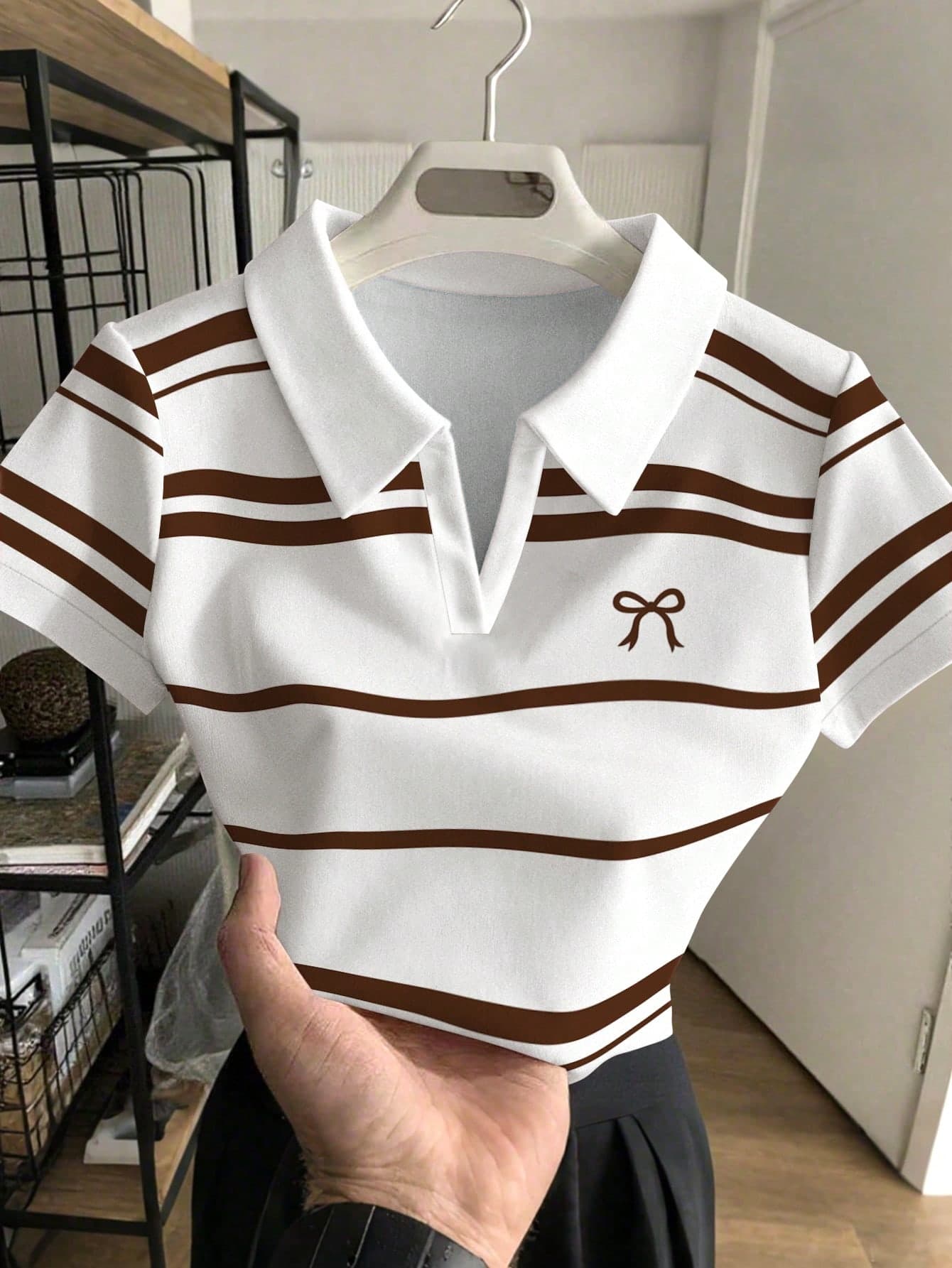 Rovax Women's Short Polo Shirt With Striped Horse Riding Print, Contrast Color Collar