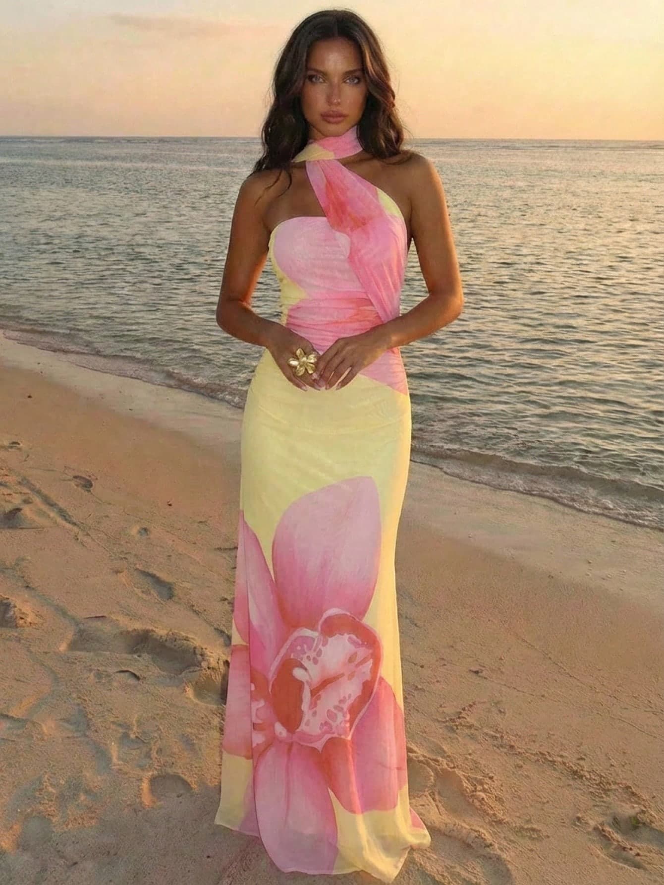 Aloruh Women's Floral Print Backless Halter Fitted Dress,Pink And Yellow Summer Tropical Beach Holiday Vacation Nashville Western Boho Maxi Dress