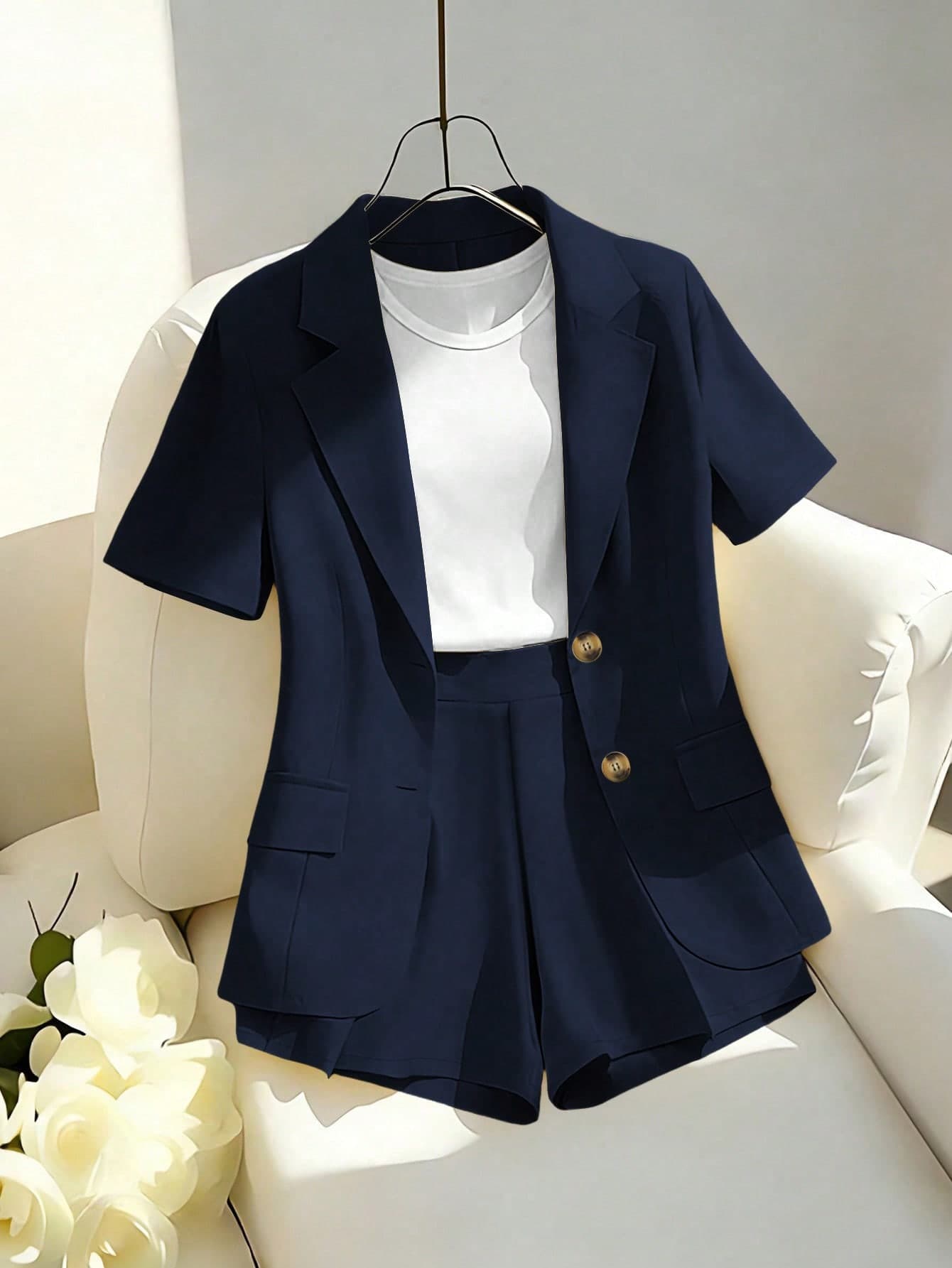 Franclia Elegant Casual Commuter Outfit, Includes Yellow Blazer Style Short Sleeve Jacket And Shorts/Wide Leg Pants Set, Women Spring/Summer