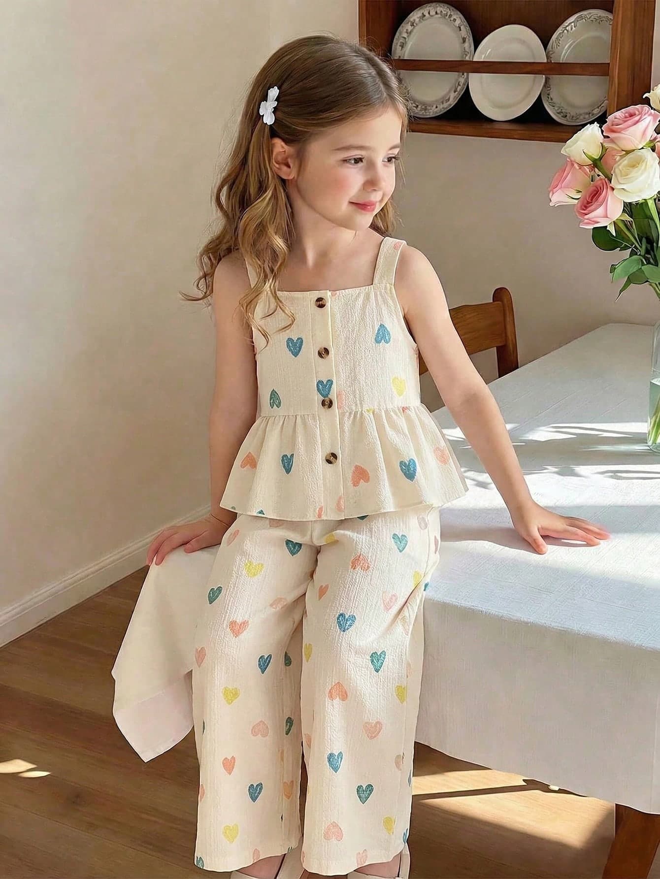 SHEIN Genkimix Kids Girls' Summer Heart Print Camisole Top & Wide Leg Pants 2 Pieces Set,Textured Bubble Fabric,Sweet Kids Coords,Family Matching,Young Girls Outfits 4-7Y