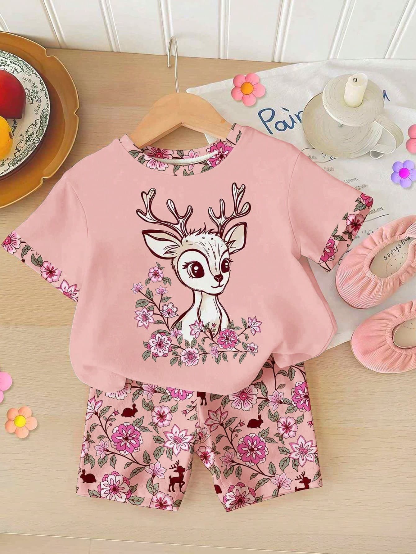 2pcs Baby Girl Casual Round Neck Short Sleeve T-Shirt And Leggings Set, Spring/Summer
