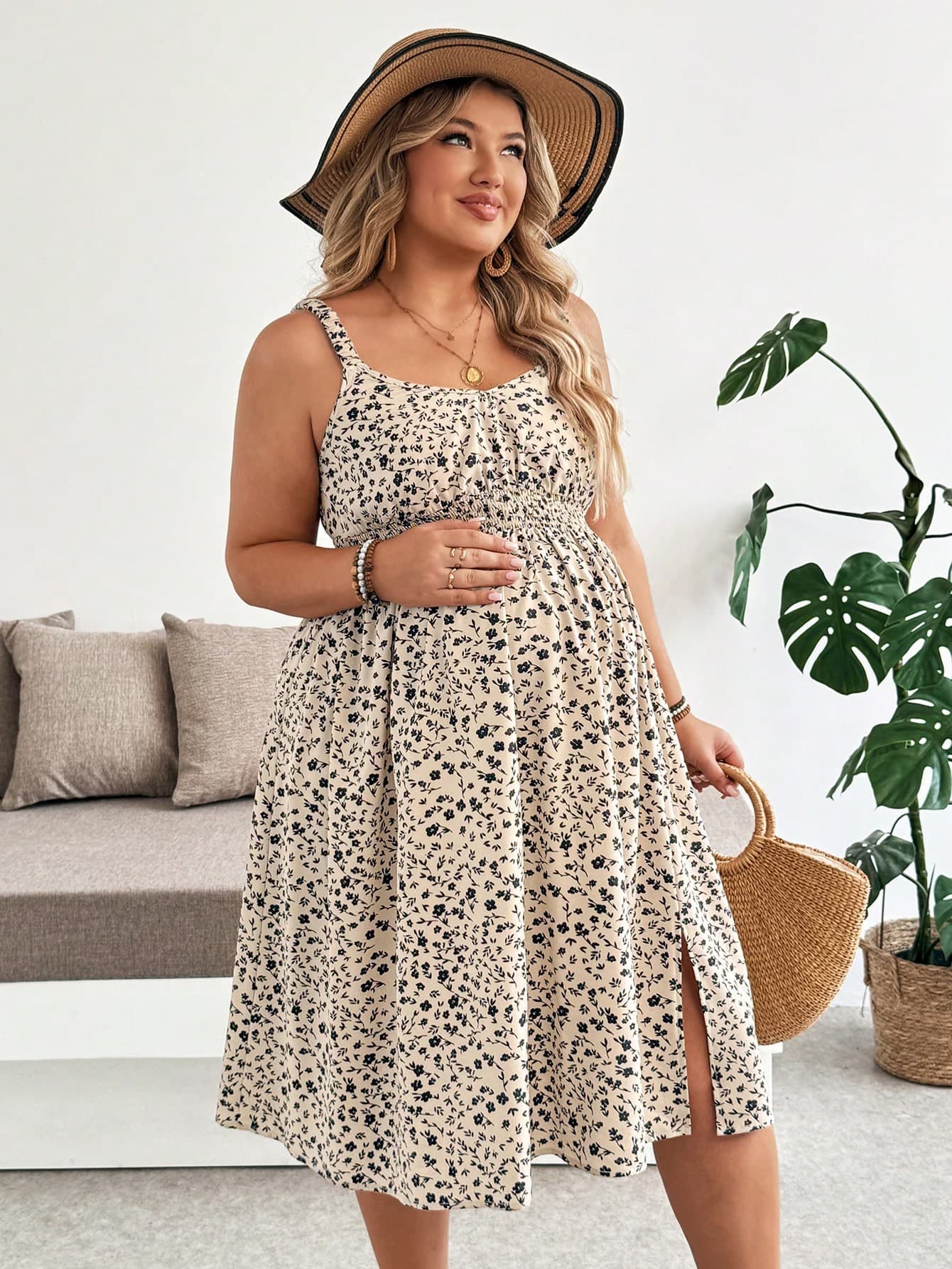 Plussiva Plus Size Maternity Ditsy Floral Casual Sleeveless Dress