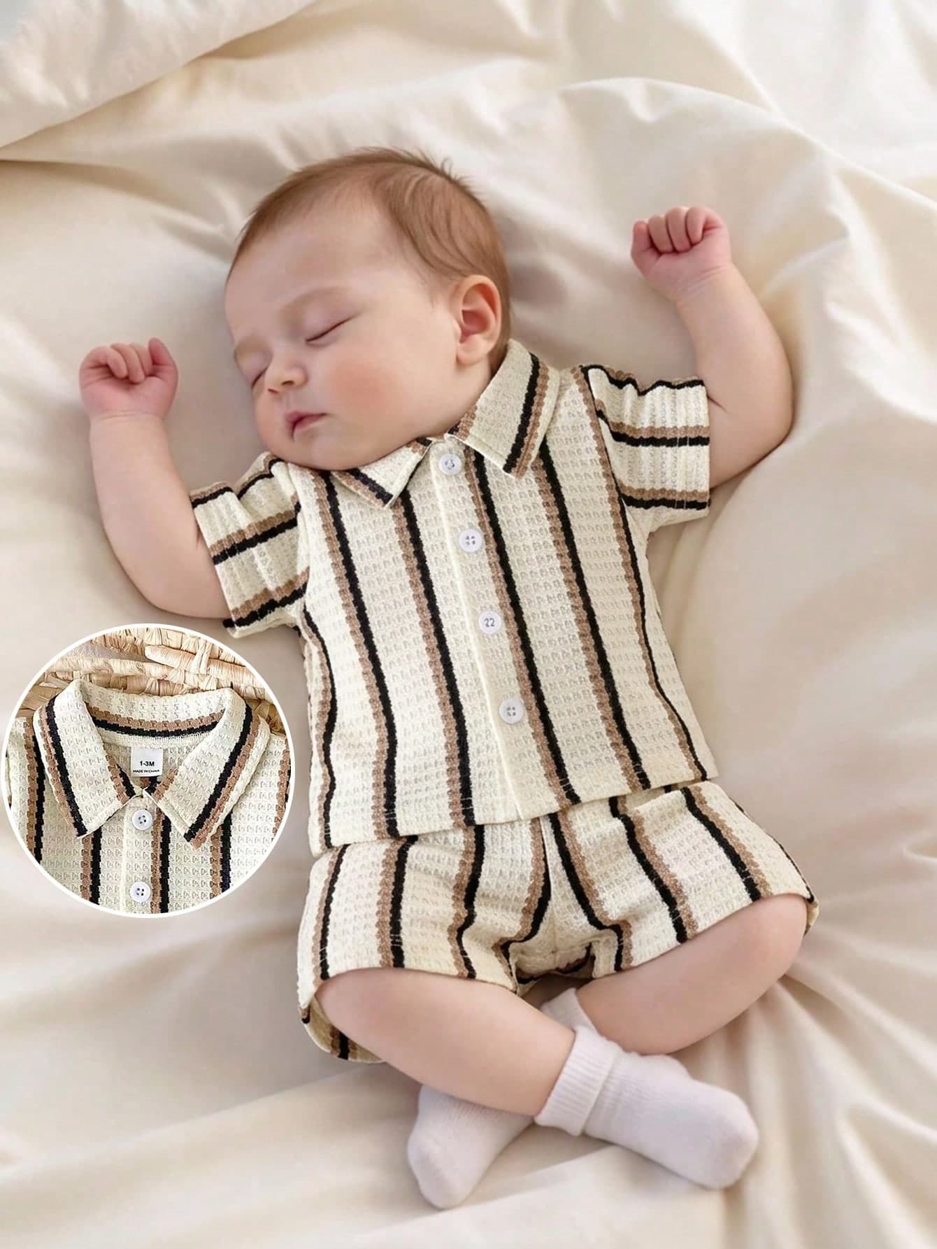 SHEIN 2pcs/Set Newborn Casual Summer Knitted Jacquard Shirt With Collar Short Sleeve Top And Elastic Waist Shorts Black And White Striped Family Matching