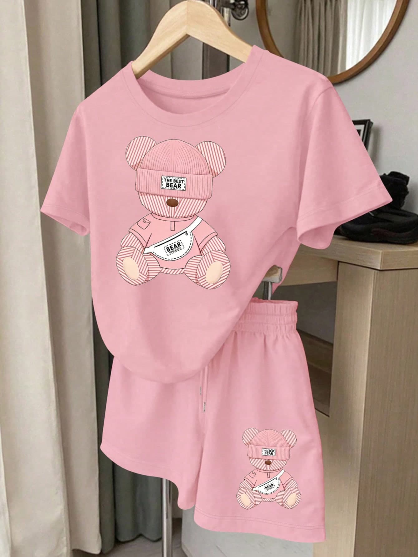 Resyla Women's Bear Print Round Neck Short Sleeve Top And Shorts 2-Piece Set, Suitable For Casual Daily Wear