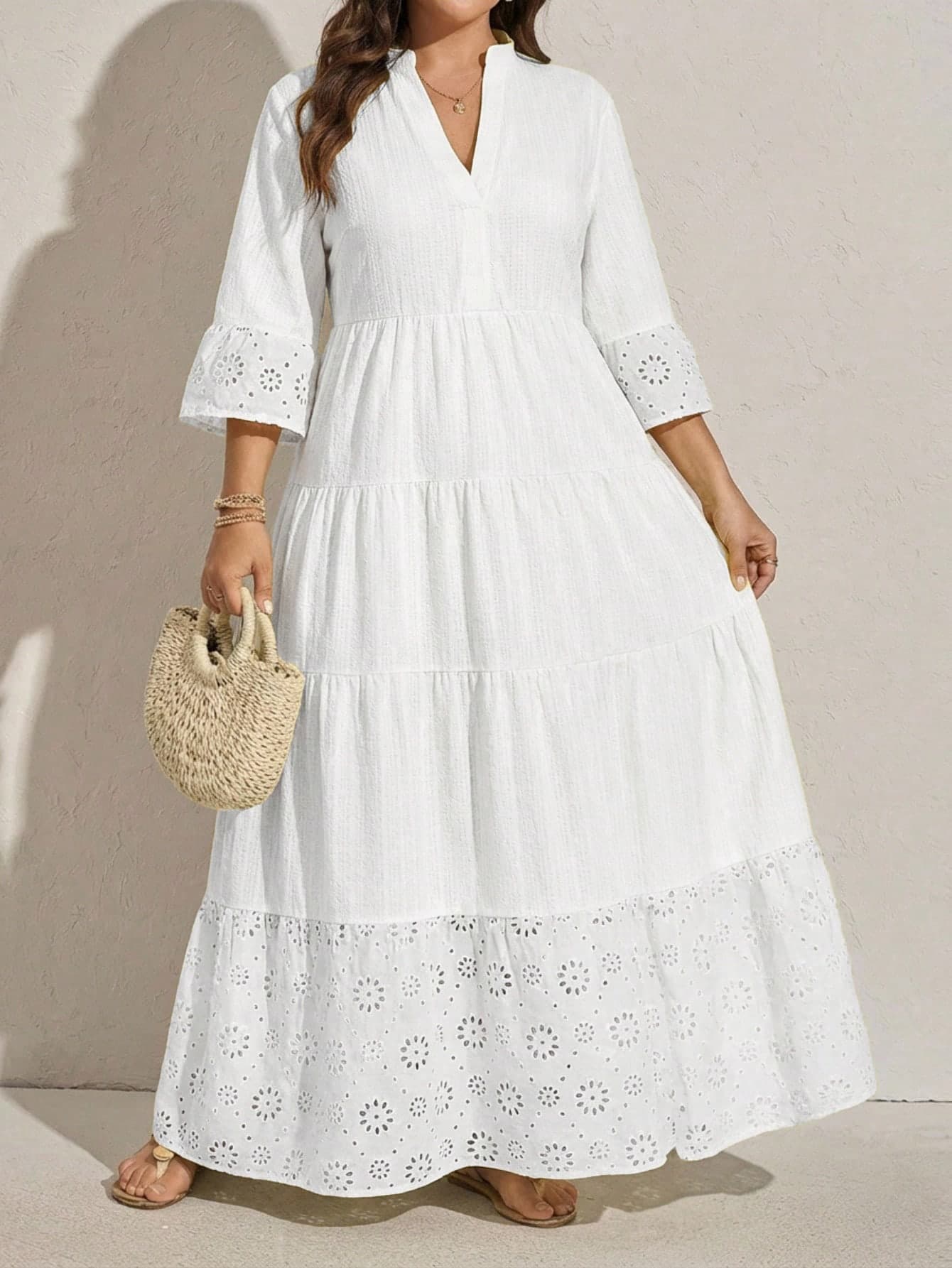 SHEIN LUNE Plus Size Women Hollow Out Embroidery V-Neck Casual Dress Fall