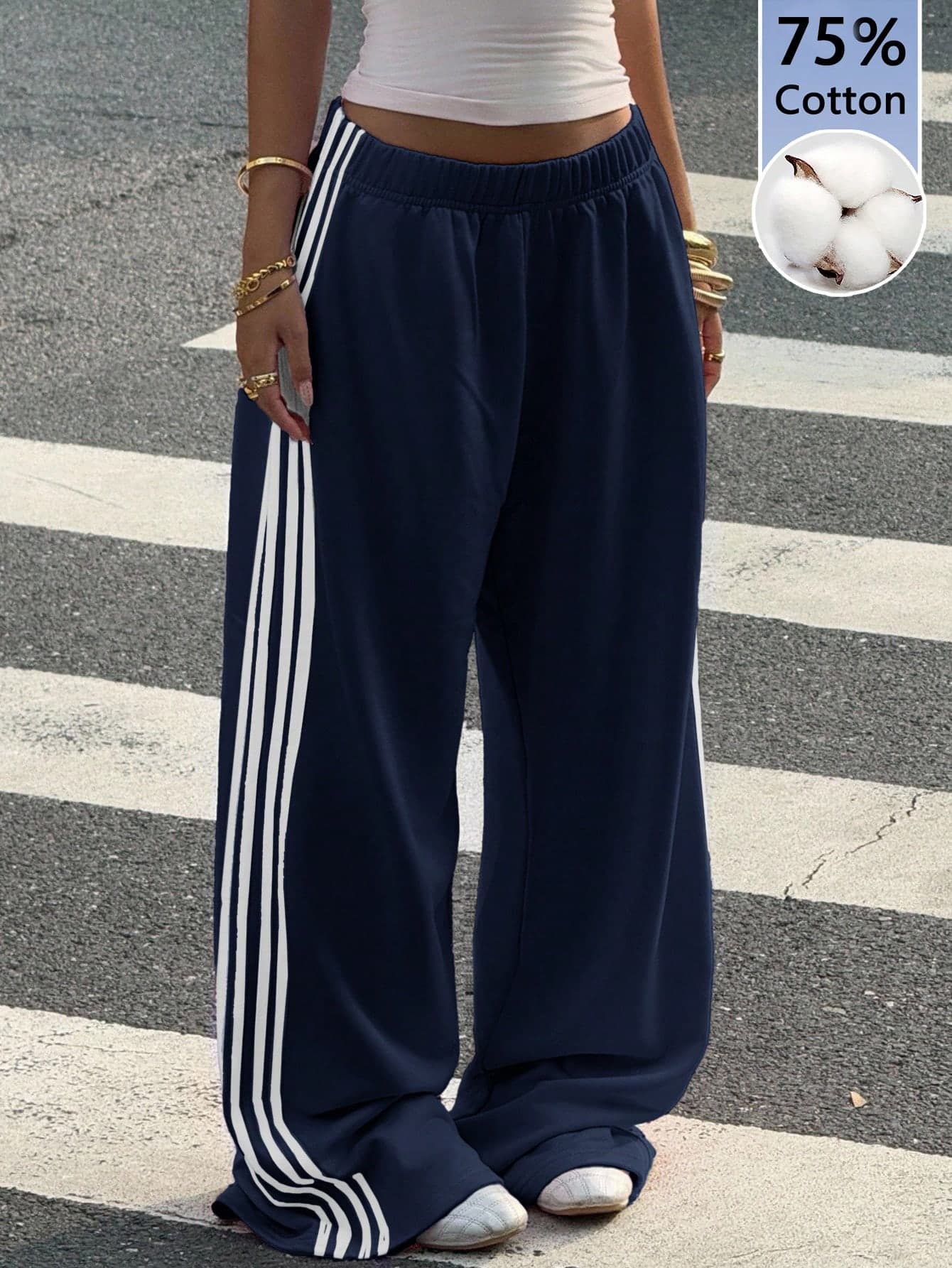 Muchica Cotton Blend Blue Knit Wide Leg Casual Sweatpants For Women