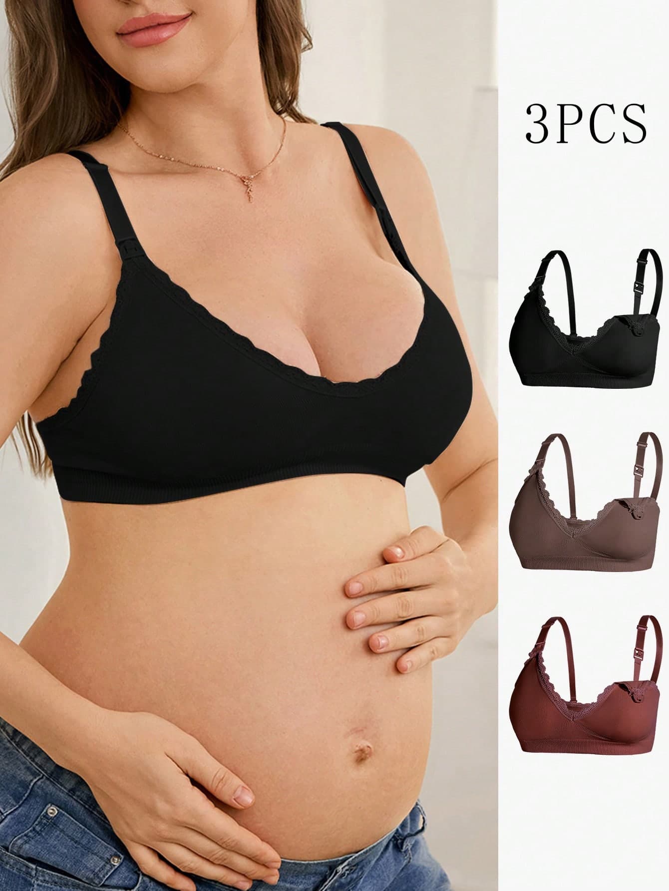 Moonlight&Mama 2026 Hot Selling Women's Fashionable & Comfortable Minimalist Solid Color High Quality Seamless Maternity & Nursing Bra 3 Pieces Set