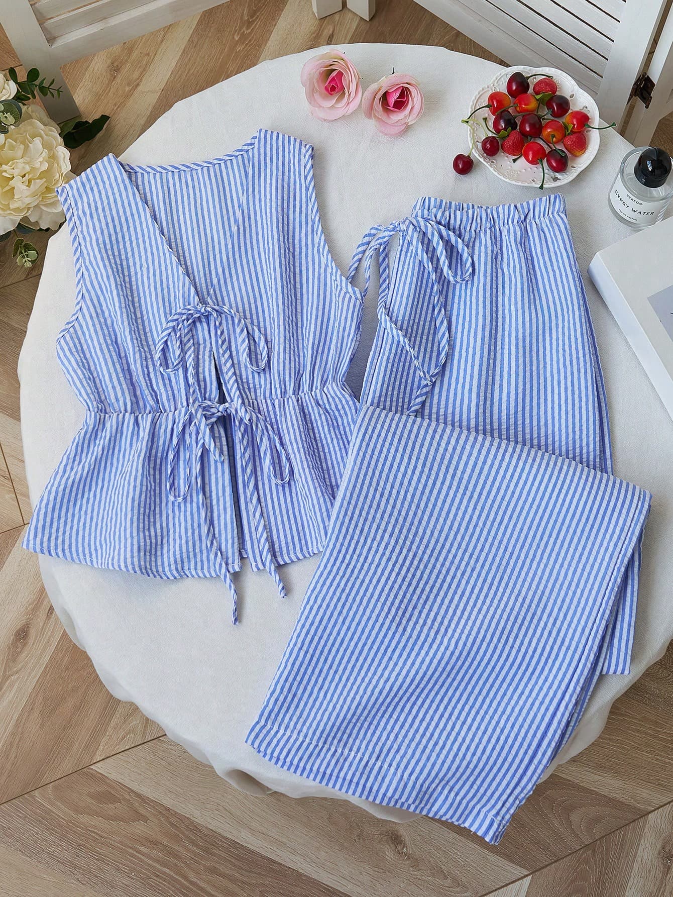 Sweetra European & American Style Summer New Pink Stripe Drawstring Simple Casual Straight Leg Pants, Women 2 Pieces Set