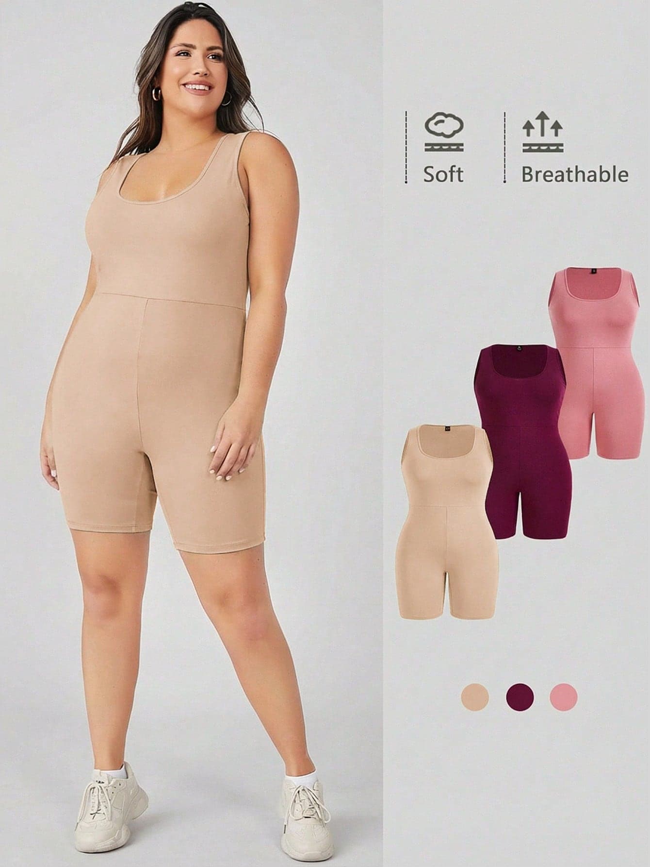SHEIN BASICS Plus Size Women Solid Color Minimalist Sleeveless Jumpsuit, Casual Everyday Wear Summer Clothes