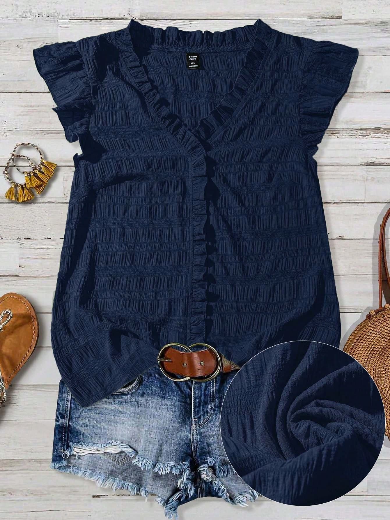 Linhara Plus Size Women's Solid Color Textured V-Neck Ruffle Trim Petal Sleeve Fitted Casual Regular Blouse