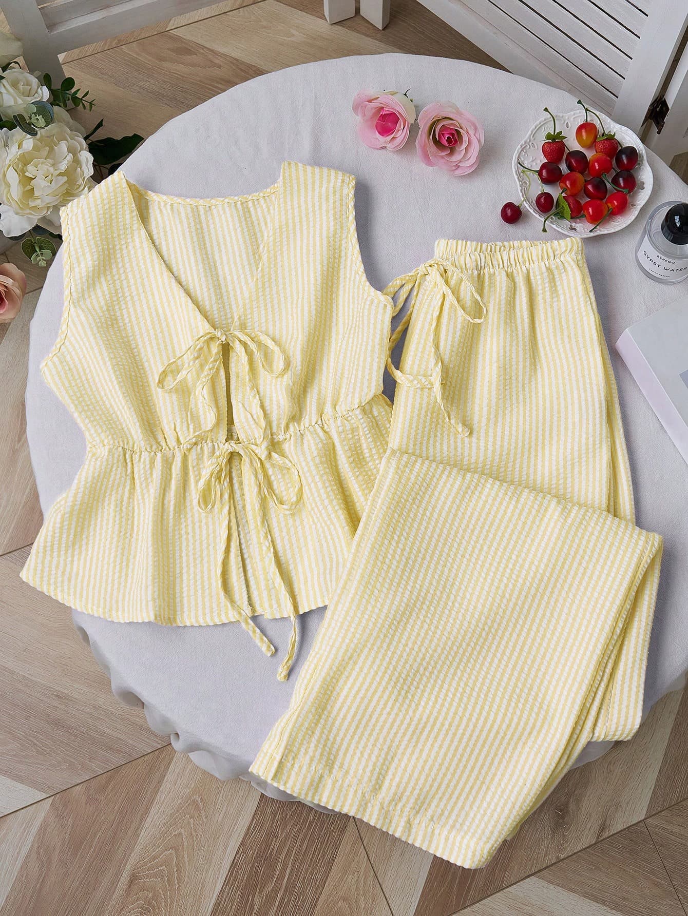 Sweetra European And American Style Summer New Pink Striped Lace-Up Minimalist Straight-Leg Pants, Women Two Pieces Set