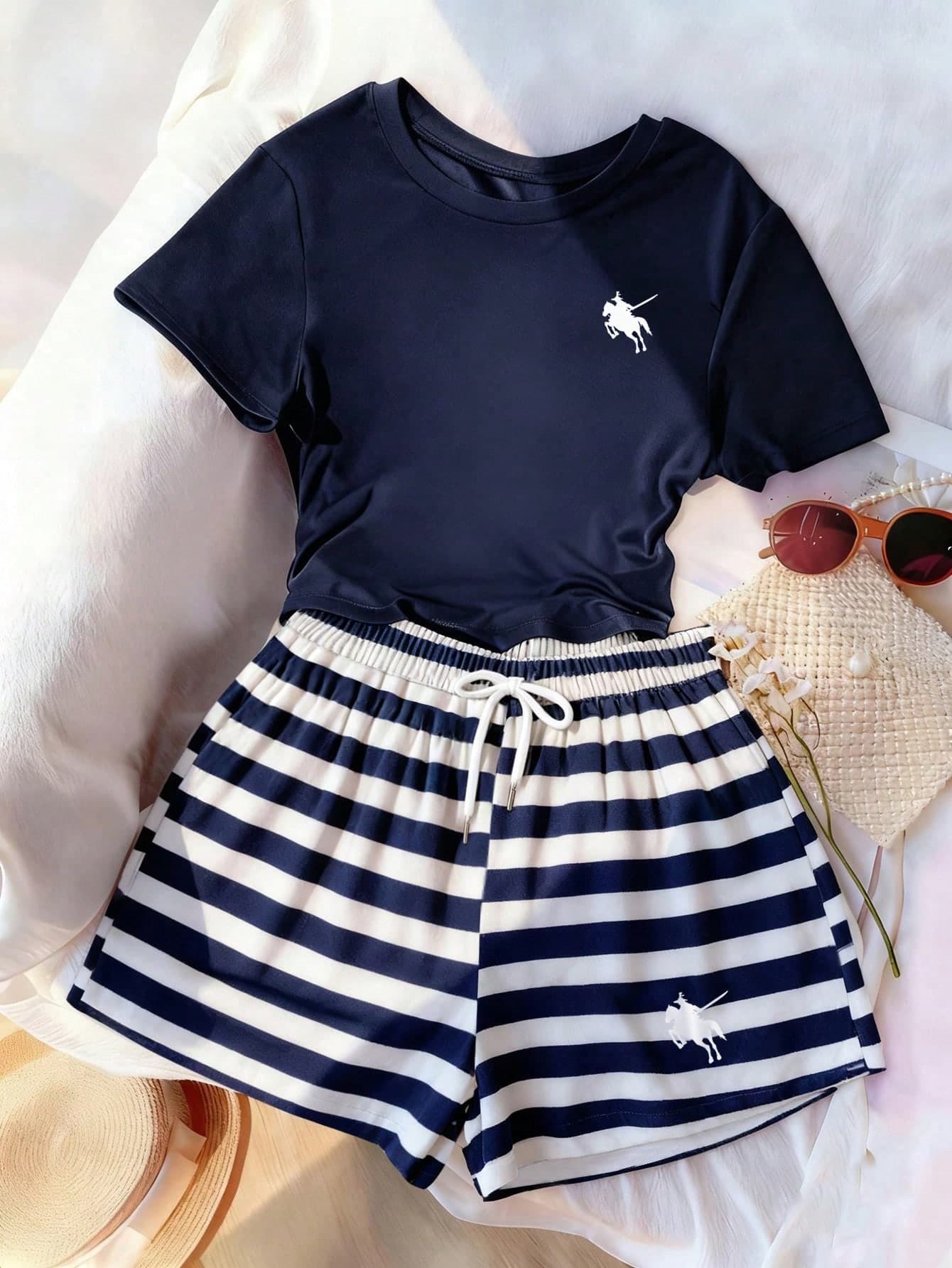 Resyla Women's Casual Rider Print T-Shirt And Striped Shorts Set, Perfect For Summer