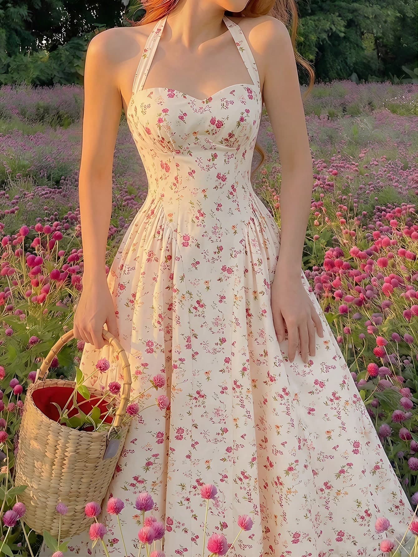 Skyraze Women's Elegant Beige Ditsy Floral Backless Midi Dress, Summer, Modest Holiday, Picnic, Retro Cottagecore Milkmaid French Style Beach Summer Dresses