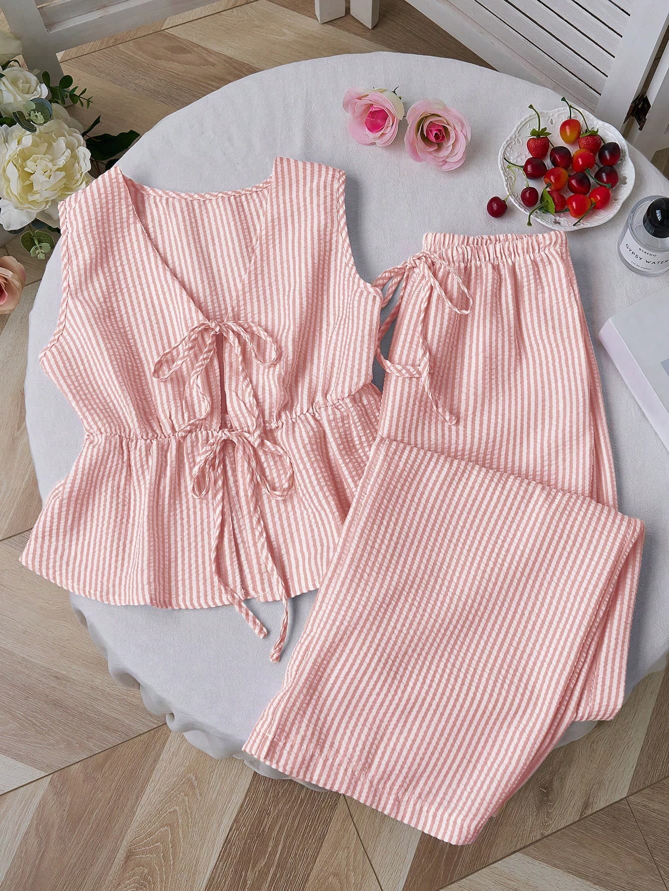 Sweetra European And American Summer New Pink Striped Lace-Up Minimalist Versatile Straight Leg Pants, Women's Two Pieces Set
