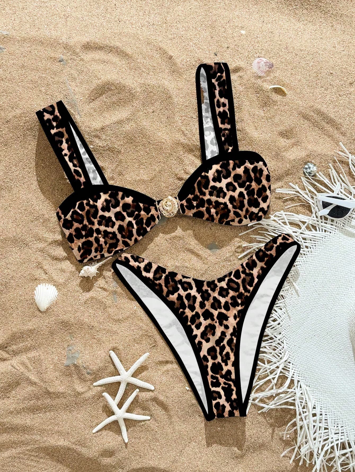 Swim SXY 2pcs/Set Solid Color Summer Hot Selling Fashion Tropical High Cut Bikini Set, Beach Vacation Vacation Brown Zebra