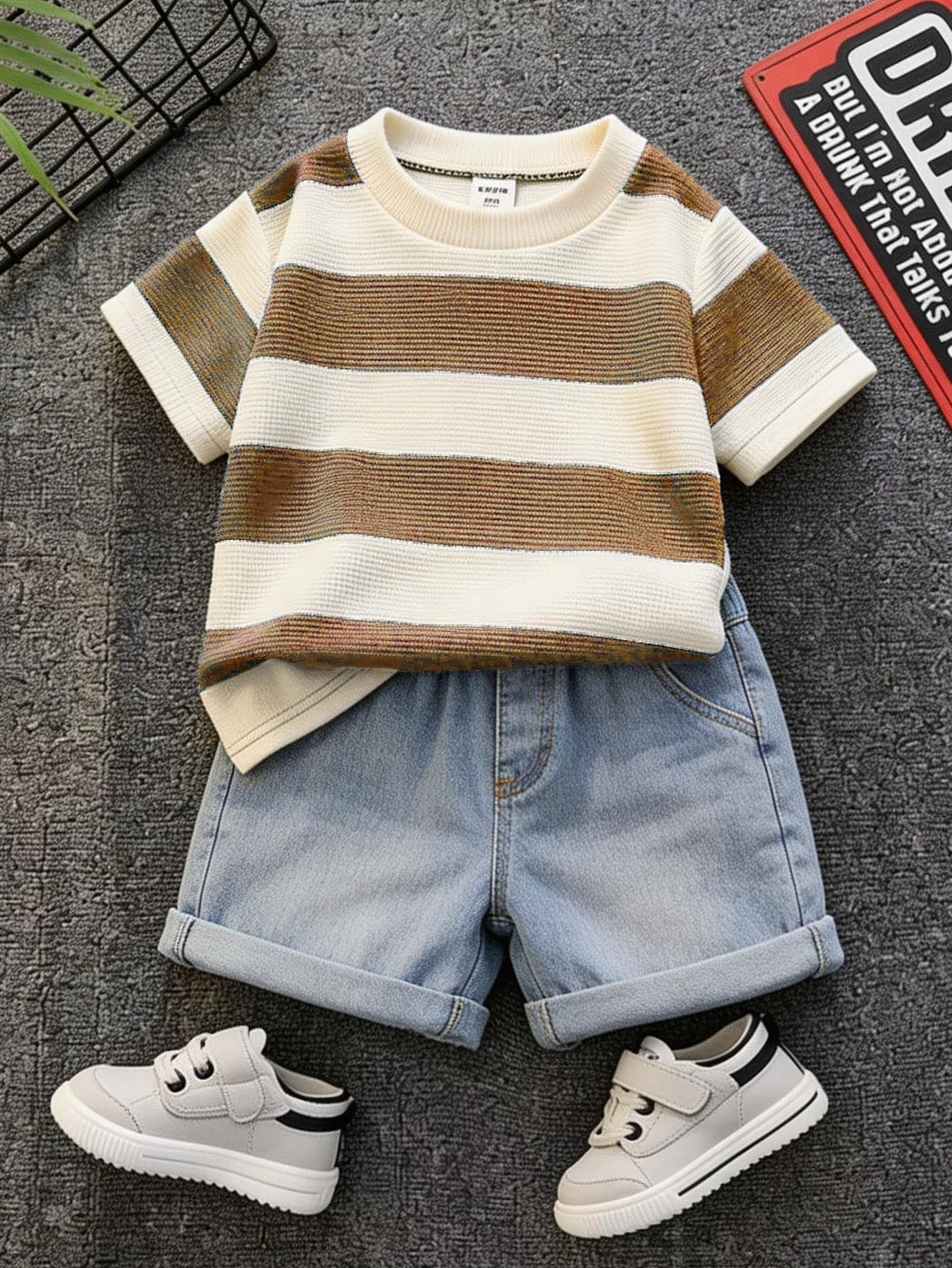 SHEIN 2pcs Baby Boy Casual Cute Black & White Striped Short Sleeve T-Shirt And Denim Shorts Set, Suitable For Spring/Summer