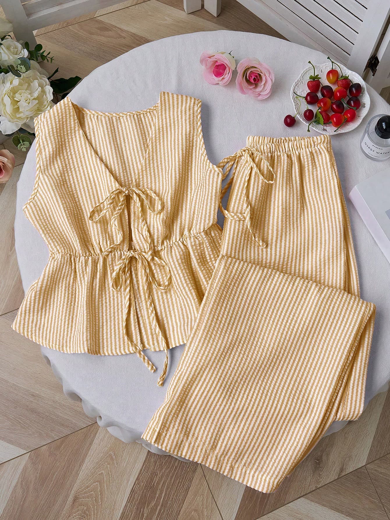 Sweetra European And American Summer New Pink Striped Lace-Up Minimalist Versatile Straight Leg Pants, Women's Two Pieces Set