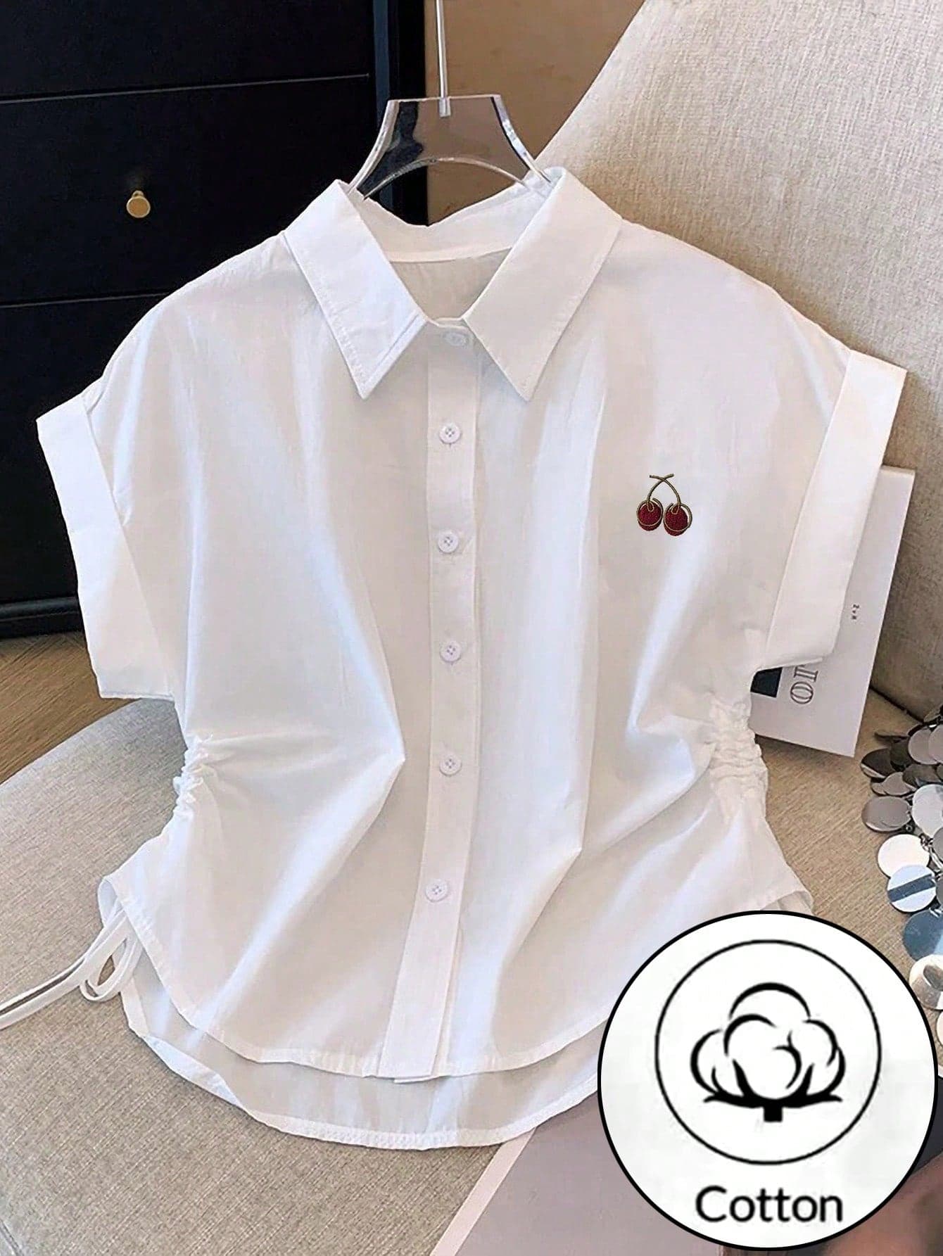 INAWLY Women's Cherry Pattern Short Sleeve Side Drawstring Casual Shirt