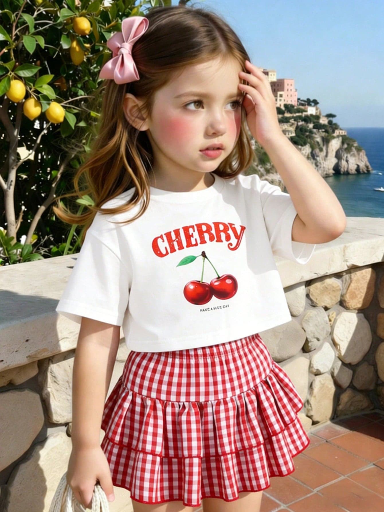 Genkimix Kids Girls' Cherry Print Set,White Short Sleeve Top And Red Gingham Ruffle Skirt,Summer,Matching Outfits For Kids Family Vacation,Sweet 2Pcs Clothes Set
