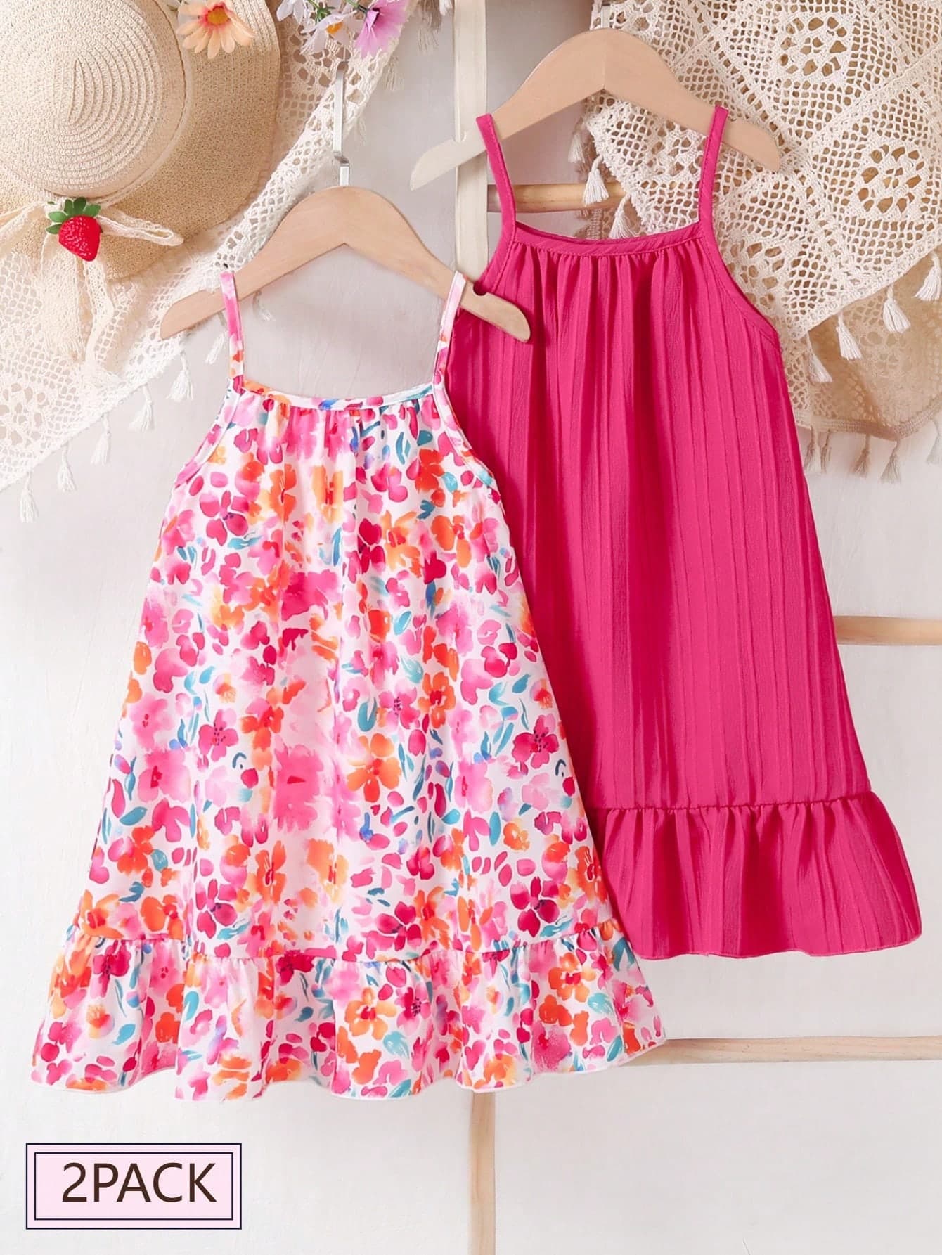 Elladie kids 2pcs/Set Toddler Girls' Floral Digital Print+Jacquard Solid Color Spaghetti Strap Dress,White,Summer,Matching,Family Vacation,Holiday Tea Party Frocks