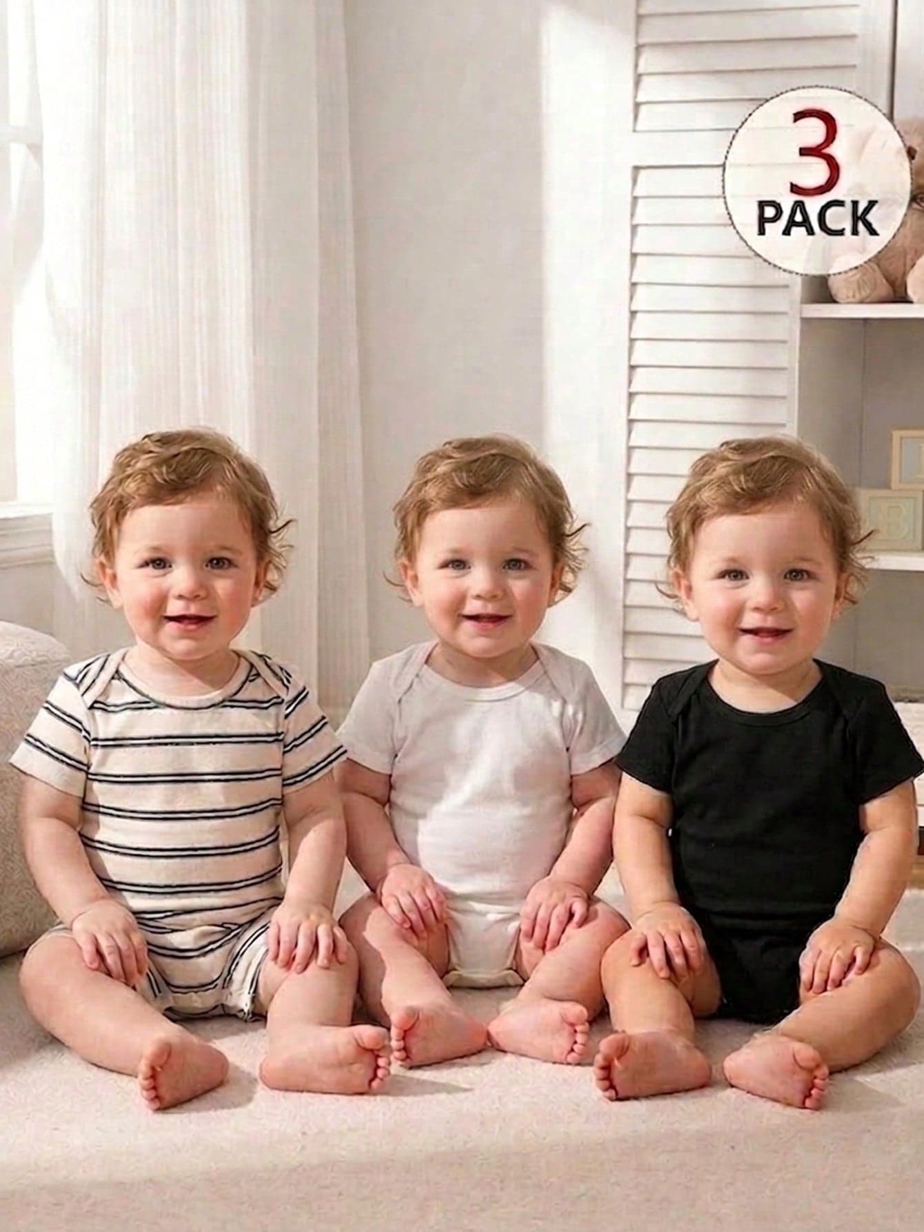 SHEIN 3pcs/Set Baby Boys Knitted Striped Short Sleeve Romper,Black And White,Summer,Casual,Family Matching Cute Elastic Basic Bodysuit Essentials Outfits