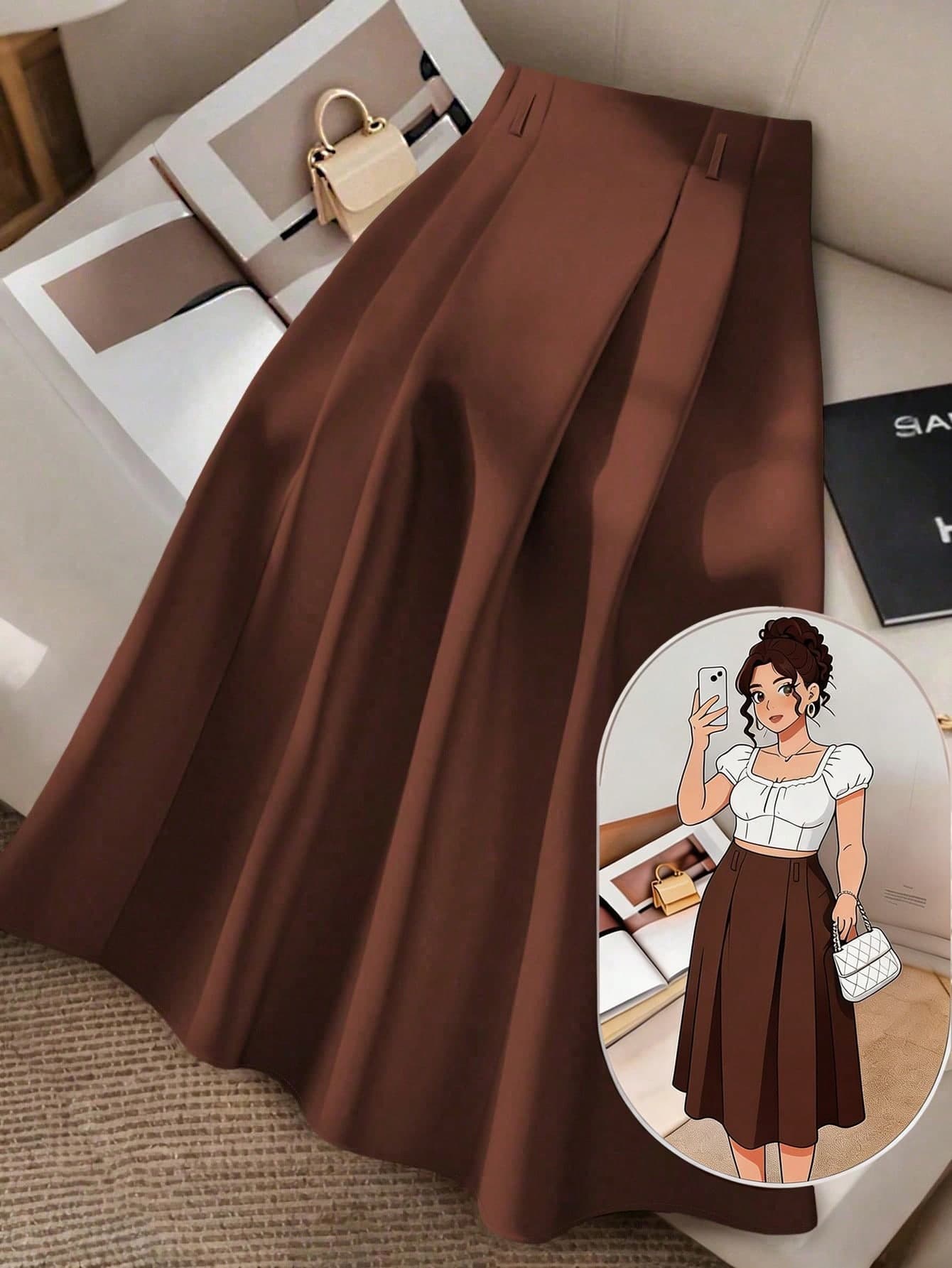 GlowEve CURVE Plus Size Women Minimalist Solid Color Casual A-Line Skirt Brown