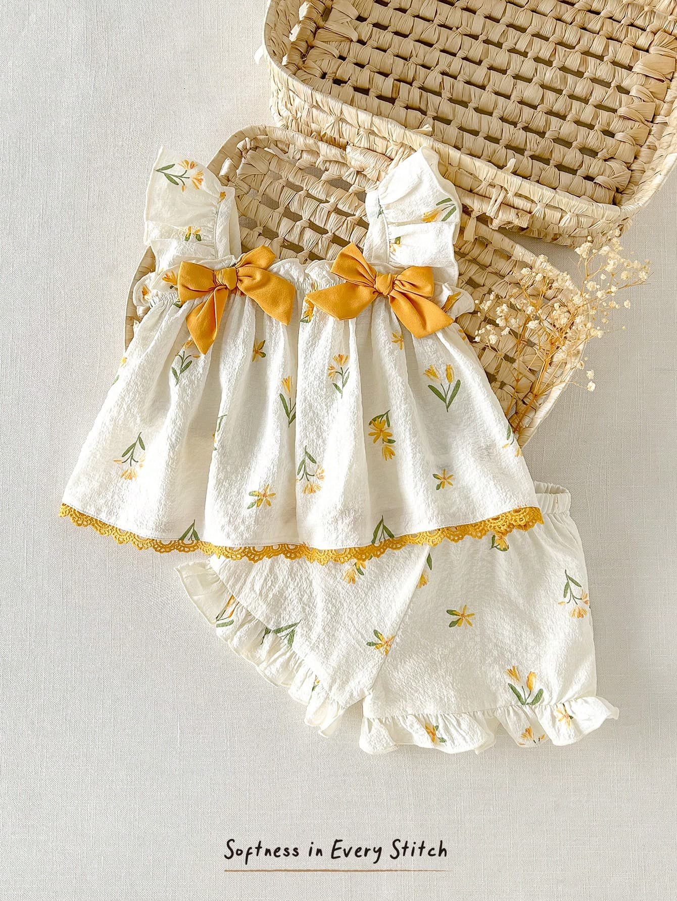 Cozy Pixies Baby Girl/Toddler Girl Summer Cute Floral Print Flutter Sleeve Top And Elastic Waist Shorts Set