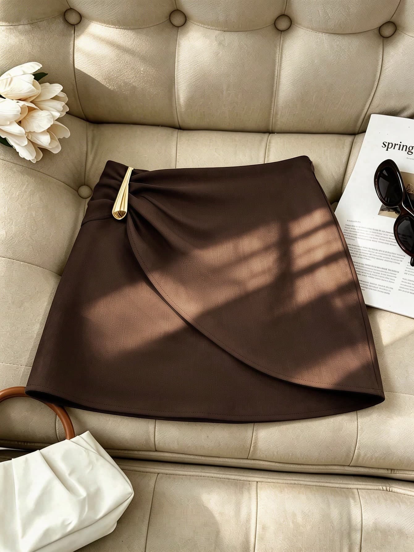 Franclia Women's New Arrival Autumn Elegant And Fashionable Apparel, Versatile With Asymmetric Metal Decor And Buckle Brunch Dark Brown