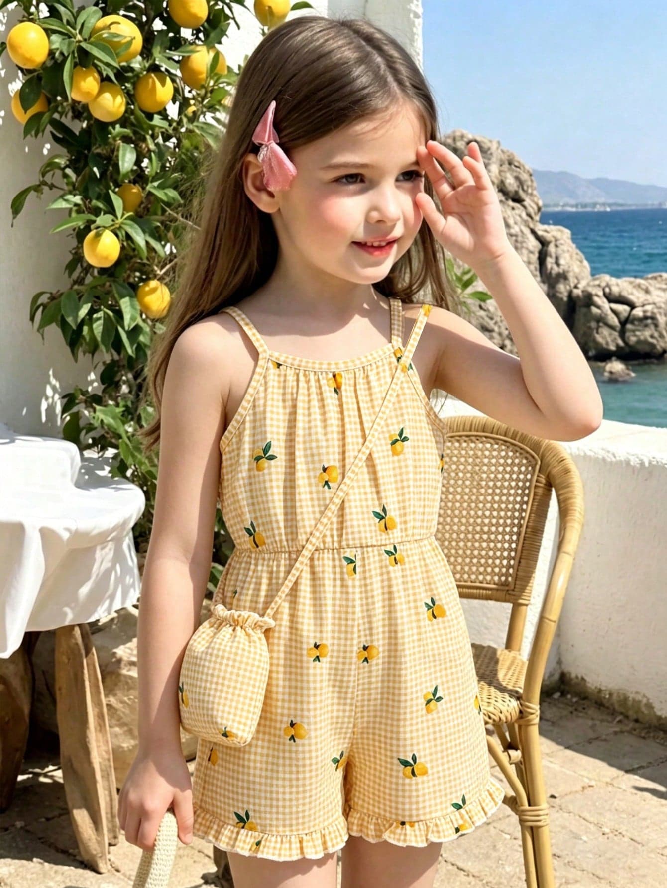 SHEIN Girls' Summer Lemon Print Jumpsuit,Yellow White Plaid Suspender Bodysuit For Beach Holiday,Elastic Waist Outfit With Mini Crossbody Bag,Kids Wear