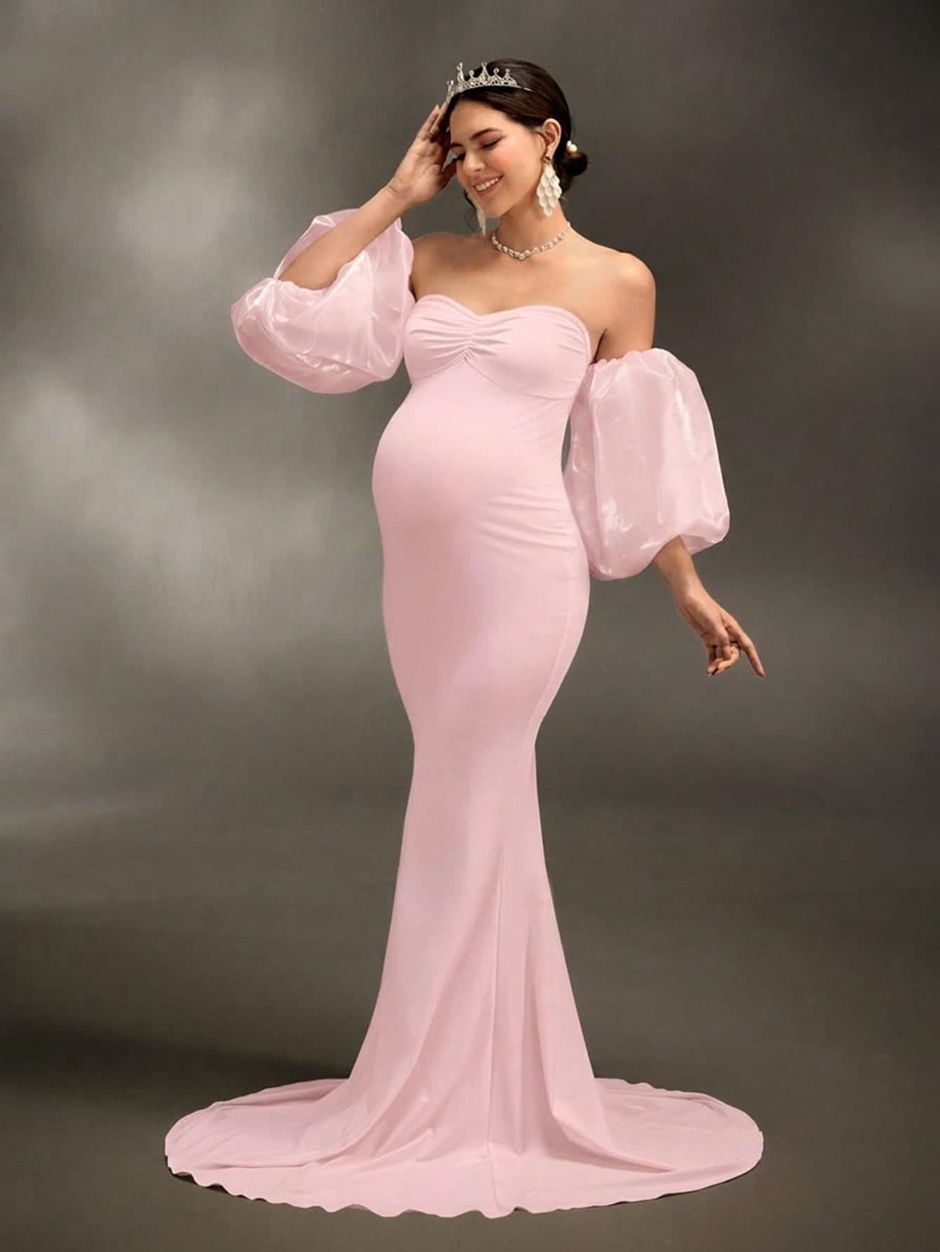 Cheriluna Maternity Maternity Photoshoot Dress/Elegant Party Dress/Baby Shower Dress - Bodycon Knit Dress With 3D Sleeve, Sweetheart Neckline And Ruching