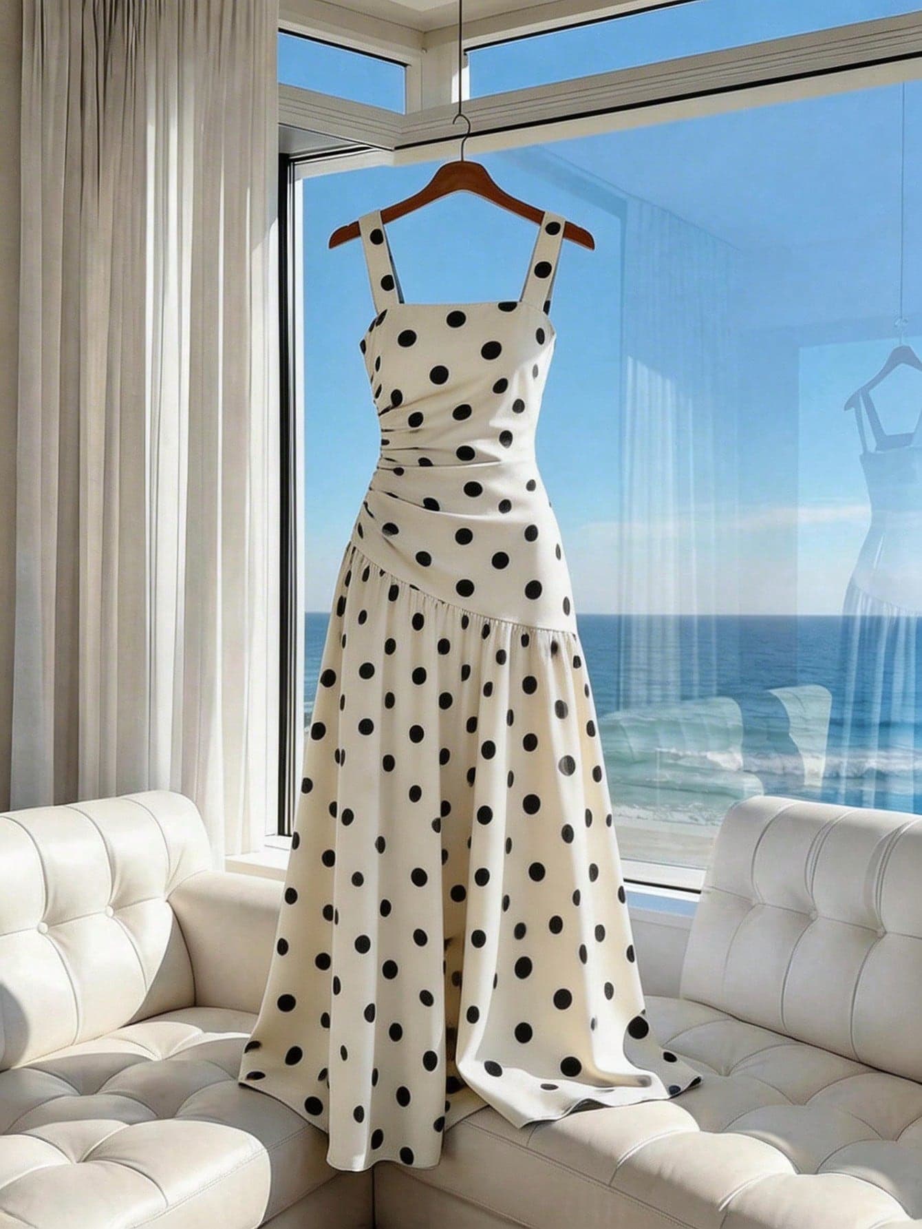 SHEIN Elenzya Elegant Vacation Bohemian Apricot Large Polka Dot Sleeveless Asymmetric Ruched U-Neck Commuter Dress For Women