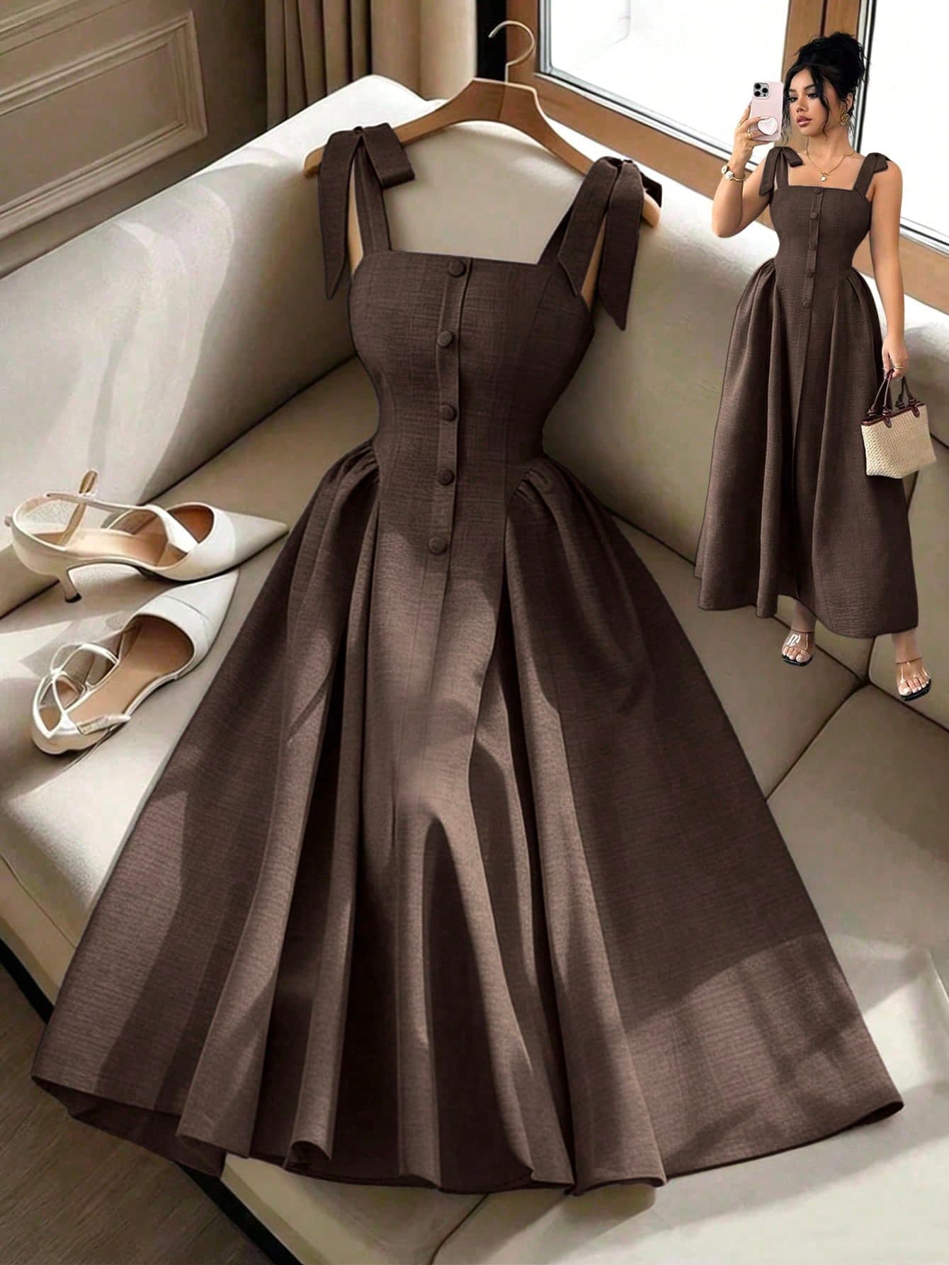 Elenzga New Arrival Tie-Shoulder Textured Bicolor Woven Midi Dress, Youthful Elegant Versatile Office Wear