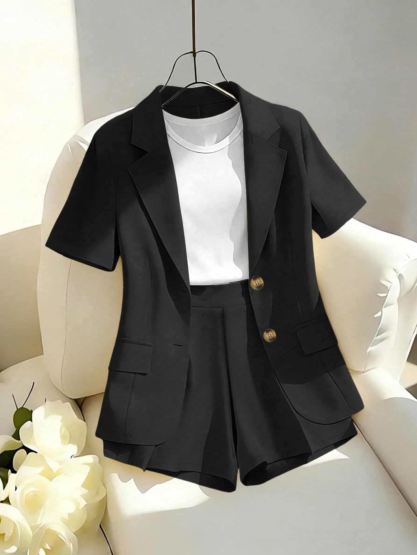 Franclia Elegant Casual Commuter Outfit, Includes Yellow Blazer Style Short Sleeve Jacket And Shorts/Wide Leg Pants Set, Women Spring/Summer