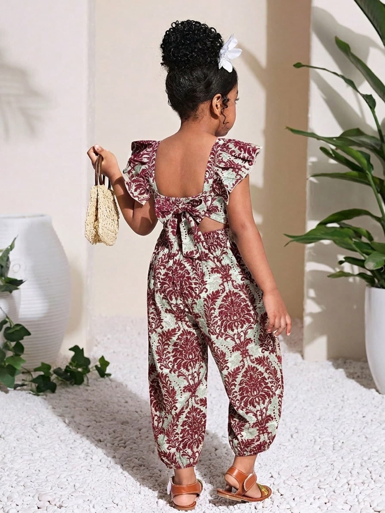 Young Girl Casual Everyday Vacation Printed Flutter Sleeve Jumpsuit
