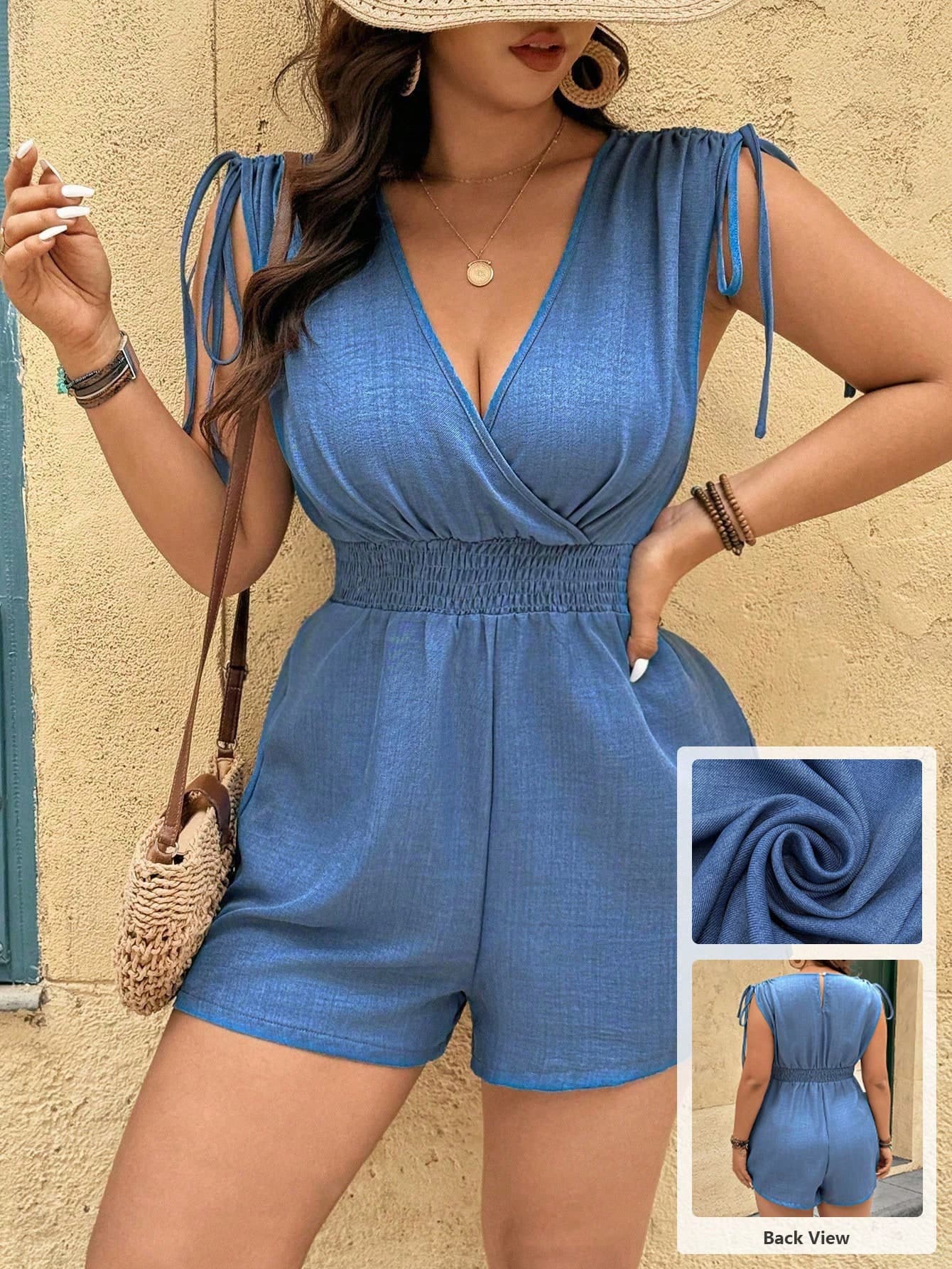 Breezaya Plus Size Women's Dusty Blue Boho V-Neck Cinched Waist Short Jumpsuit,Elegant Summer Vacation Holiday Outfit Sets,Playsuits & Rompers For Summer