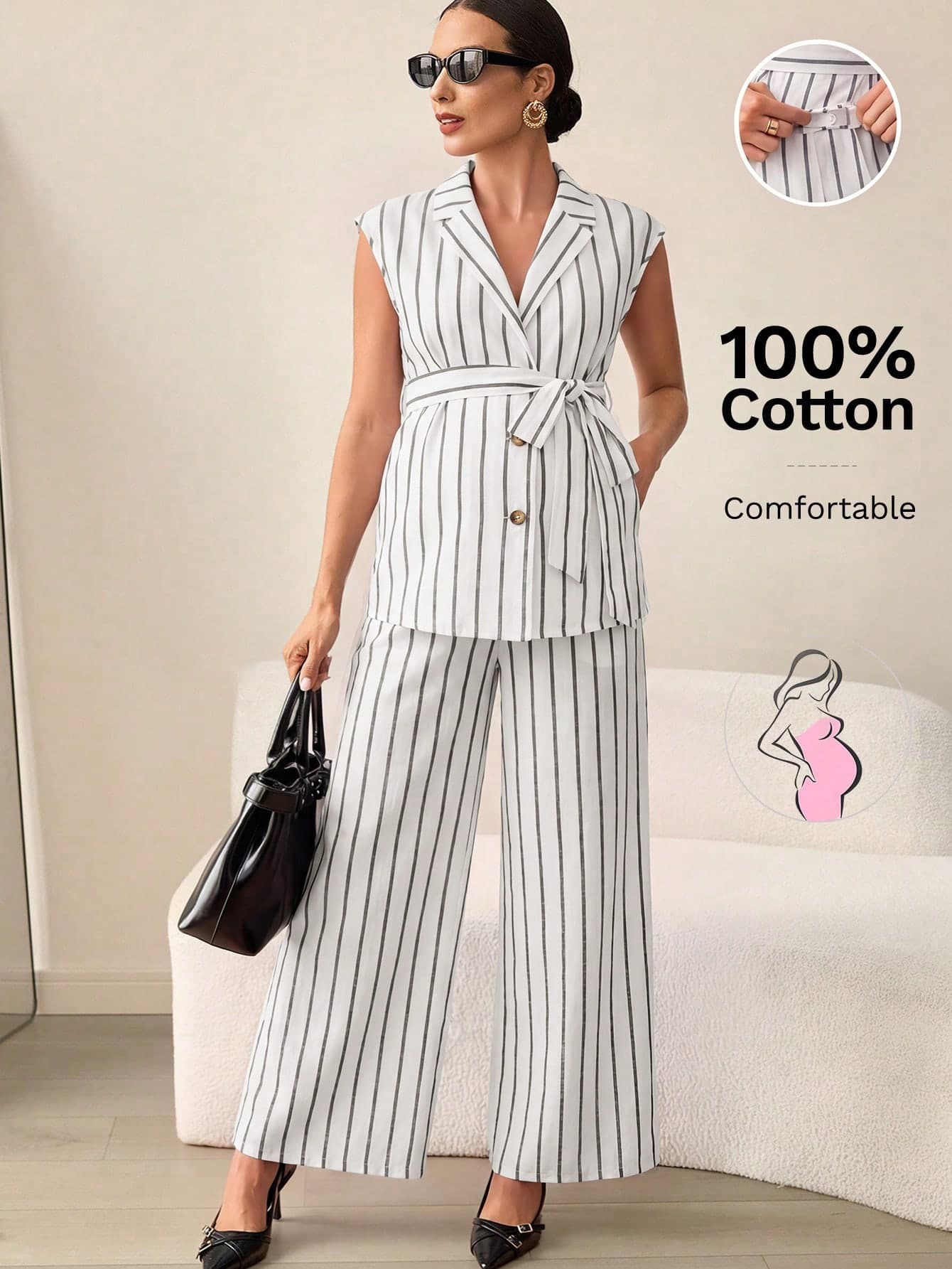 MaterniWear Maternity Summer Casual Commuting Striped Vest And Wide Leg Pants 2 Pieces Set