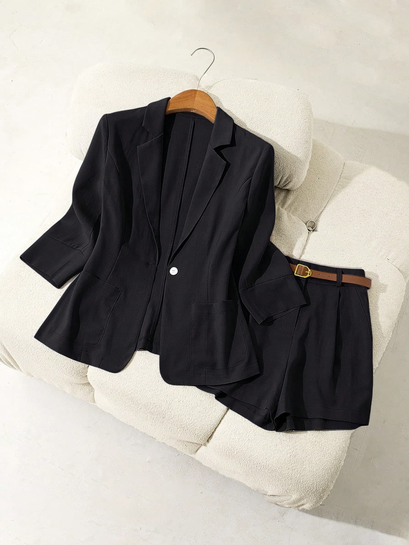 INAWLY Solid Color Lapel Collar Fashionable Versatile Suit Jacket + Belted Shorts Stylish Set Teachers' Day Office Black And Silver Autumn Smart Casual