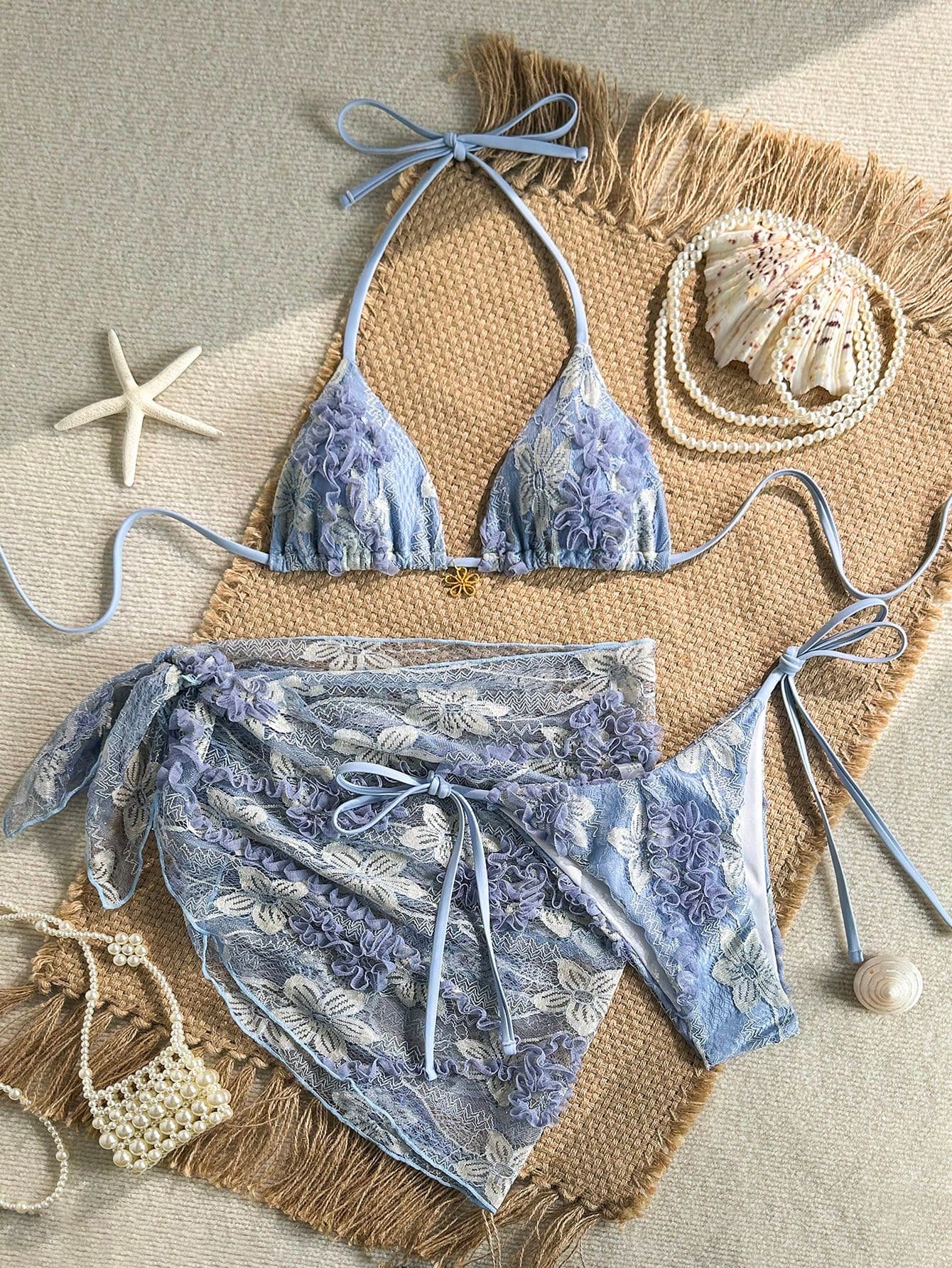 Swim Mod Women's Light Blue Floral 3-Piece Set,Halter Triangle Bra,Side Tie Bikini Bottoms Sarong Skirt,Summer Tropical Holiday Pool Party Beach Vacation