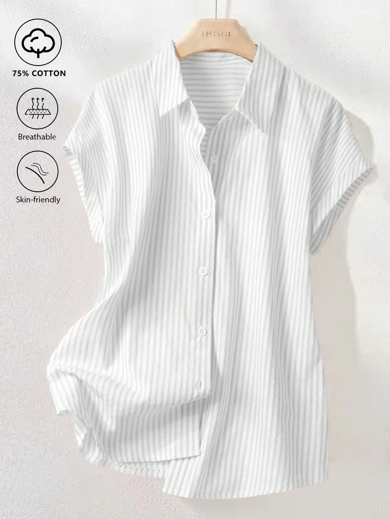 SHEIN Franclia Vintage Striped Short Sleeve Shirt, Fashionable For Commuting In Summer