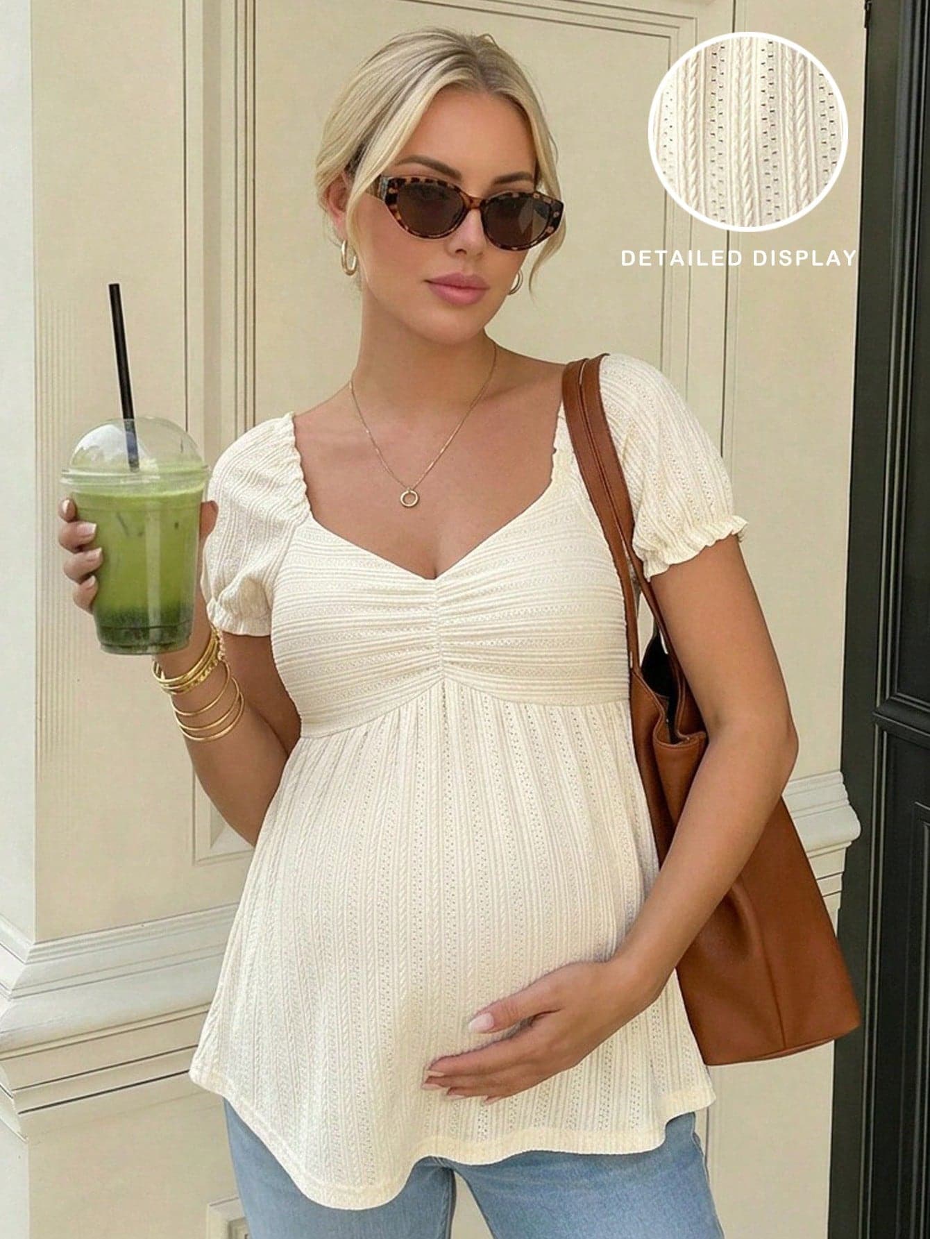 SHEIN Maternity Casual Vacation Daily Commute Sweetheart Neck Petal Sleeve Ruched Bust Babydoll Top, Summer