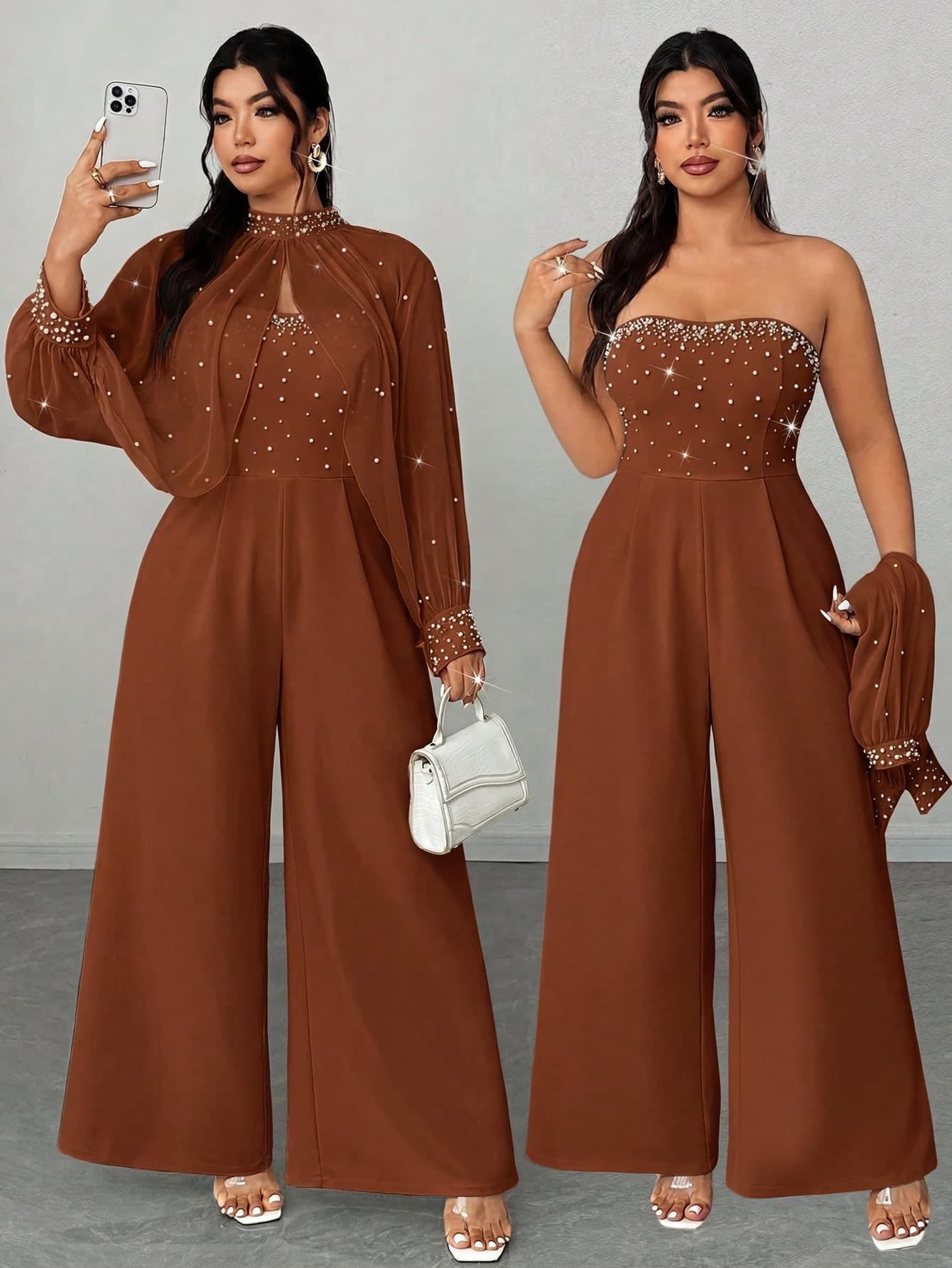 Elenzga Plus Size Women's Elegant Party Occasion Chiffon Beaded Top And High-Waisted Wide Leg Jumpsuit 2 Pieces Set, Spring/Autumn/Winter Fall