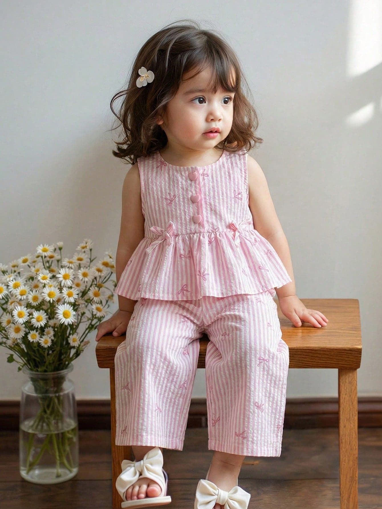 SHEIN LMoss Kids Babygirl Casual Cute Summer Polka Dot Sleeveless Top And Elastic Waist Pants Set