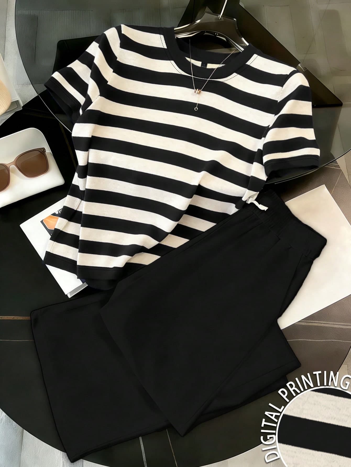 Resyla Women's Round Neck Short Sleeve Striped Casual 2 Pieces Set, Summer